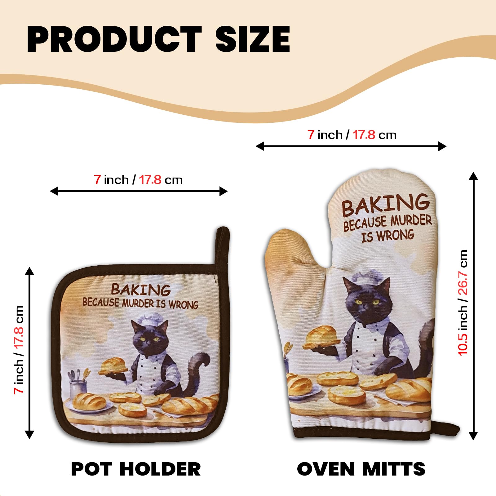 Divertenti guanti da forno a forma di gatto e presine (set di 2) guanti da forno con scritta "Baking Because Murder is Wrong" per la decorazione della cucina, guanti da forno in silicone