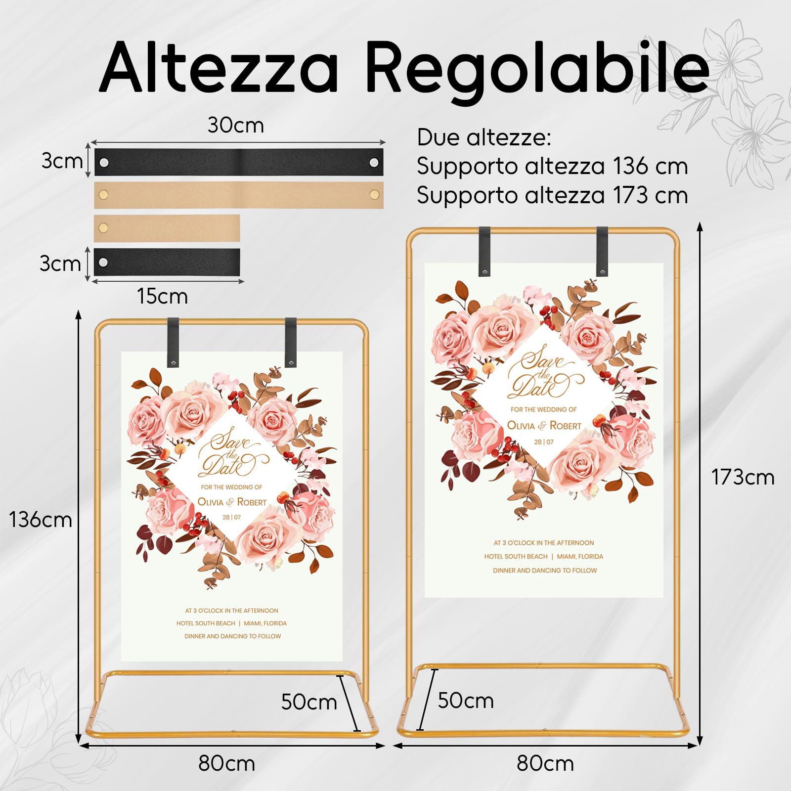 Supporto per cartelli nuziali, 173 x 80 x 50 cm Supporto per poster di matrimonio regolabile, con 4 cinghie in pelle, adatto per tabelle dei posti, ricevimenti, poster e decorazioni (Oro)