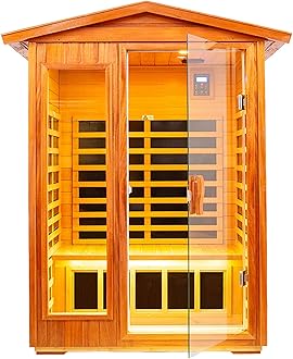 Outdoor Sauna 2 Person Infrared Sauna Far Infrared Saunas for Home 0－5 mg Low EMF Home Sauna Spa Mahogany Wood Sauna Room with Bluetooth Speakers, LED Reading Lamps, Chromotherapy Lights