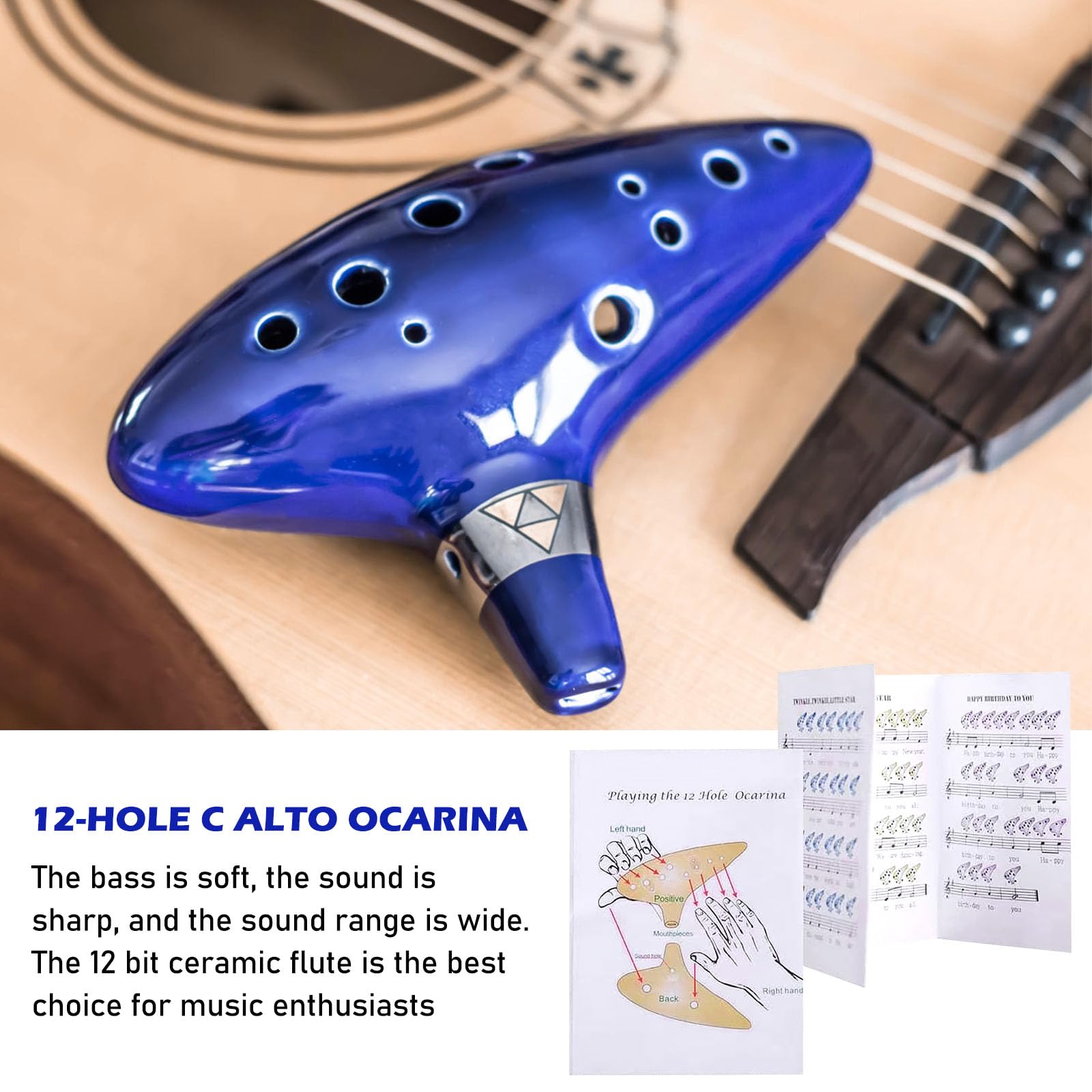 Nizirioo Ocarina, 12 Trous Alto C Ocarina, Céramique Piccolo Instrument Avec Présentoir En Forme De Main, Sac De Protection, Lanière Tour De Cou Et Livre De Chansons (Bleu)