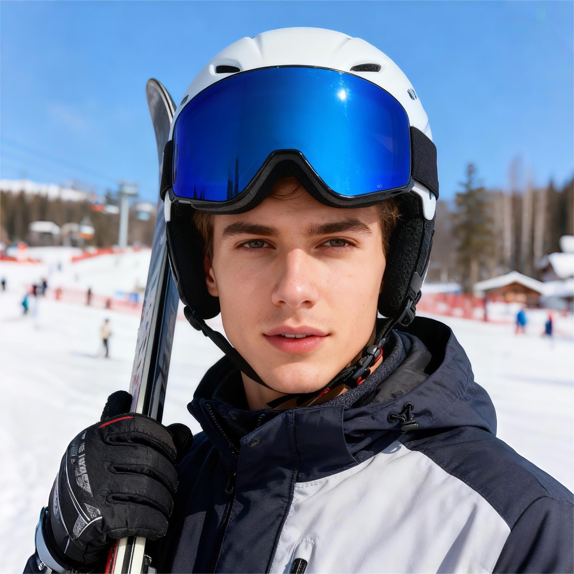 Gogle narciarskie, bezramowe gogle snowboardowe z 2 soczewkami narciarskimi z magnesem UV400, YH212 przeciwmgielne gogle śnieżne dla dorosłych mężczyzn kobiet (czarna rama, pełna Revo Blue