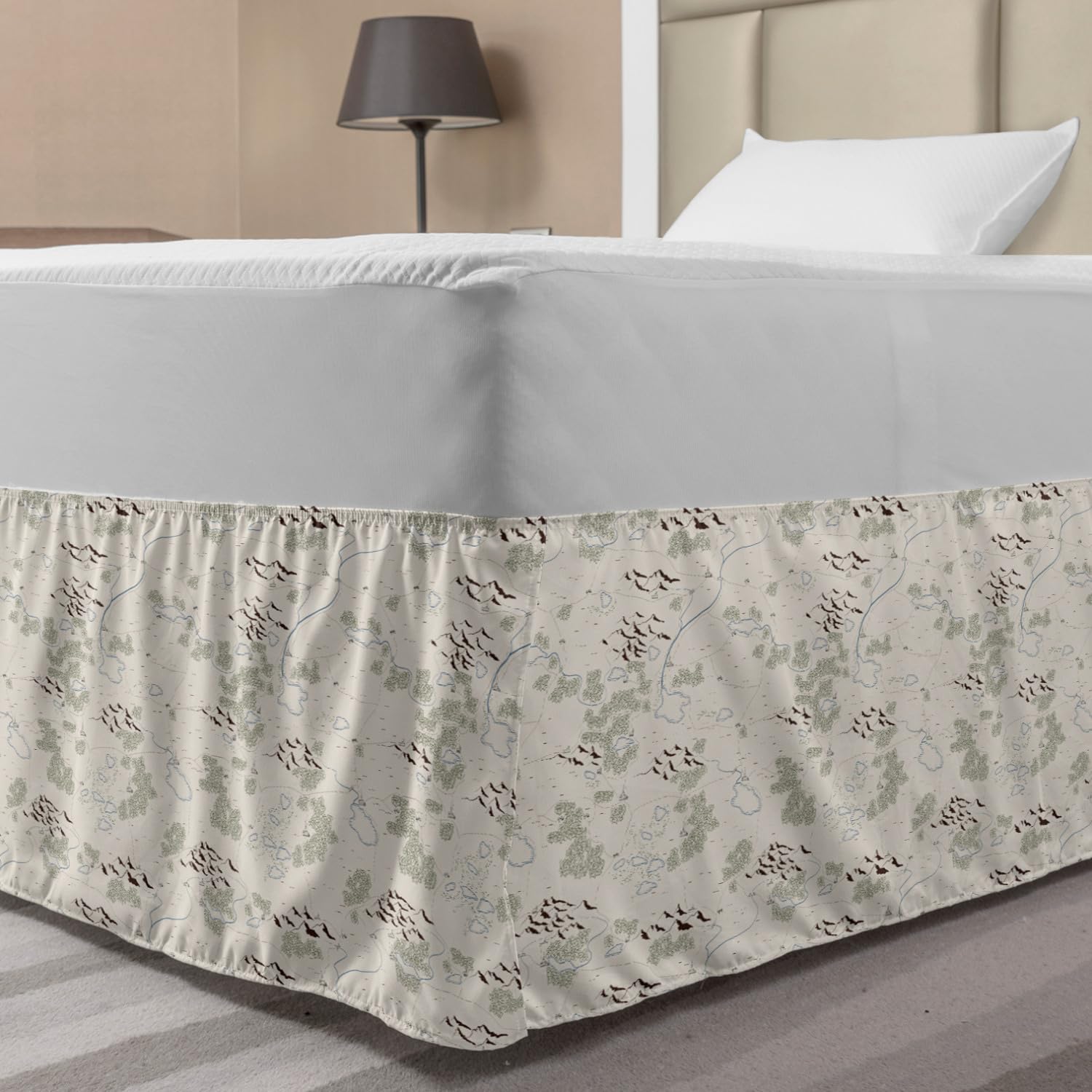 Lunarable Paint Elastic Bed Skirt Map Pattern with Mountains and Forests Lakes Rivers Hills and The Cities Wrap