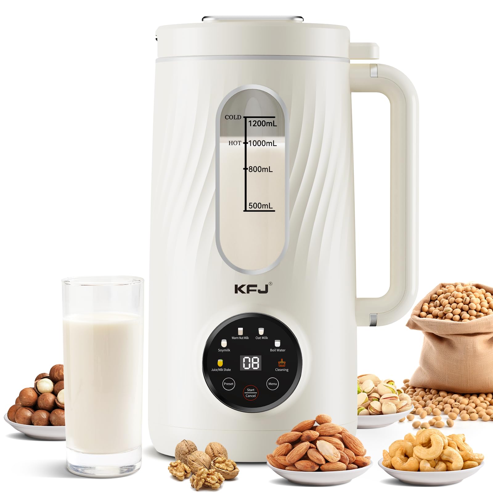 KFJ 8 in 1 Nut Milk Maker Machine, 41oz Homemade Coconut, Soy, Oat, Almond, Plant Based Milks and Non-Dairy Beverages with Delay Start/Boil Water/