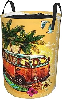 Grand panier à linge pliant ,Surf Hippie Classic Old Bus Avec PlancheCordon de serrage, revêtement imperméable, panier à linge avec poignées, adapté aux vêtements et jouets sales19 "X14".