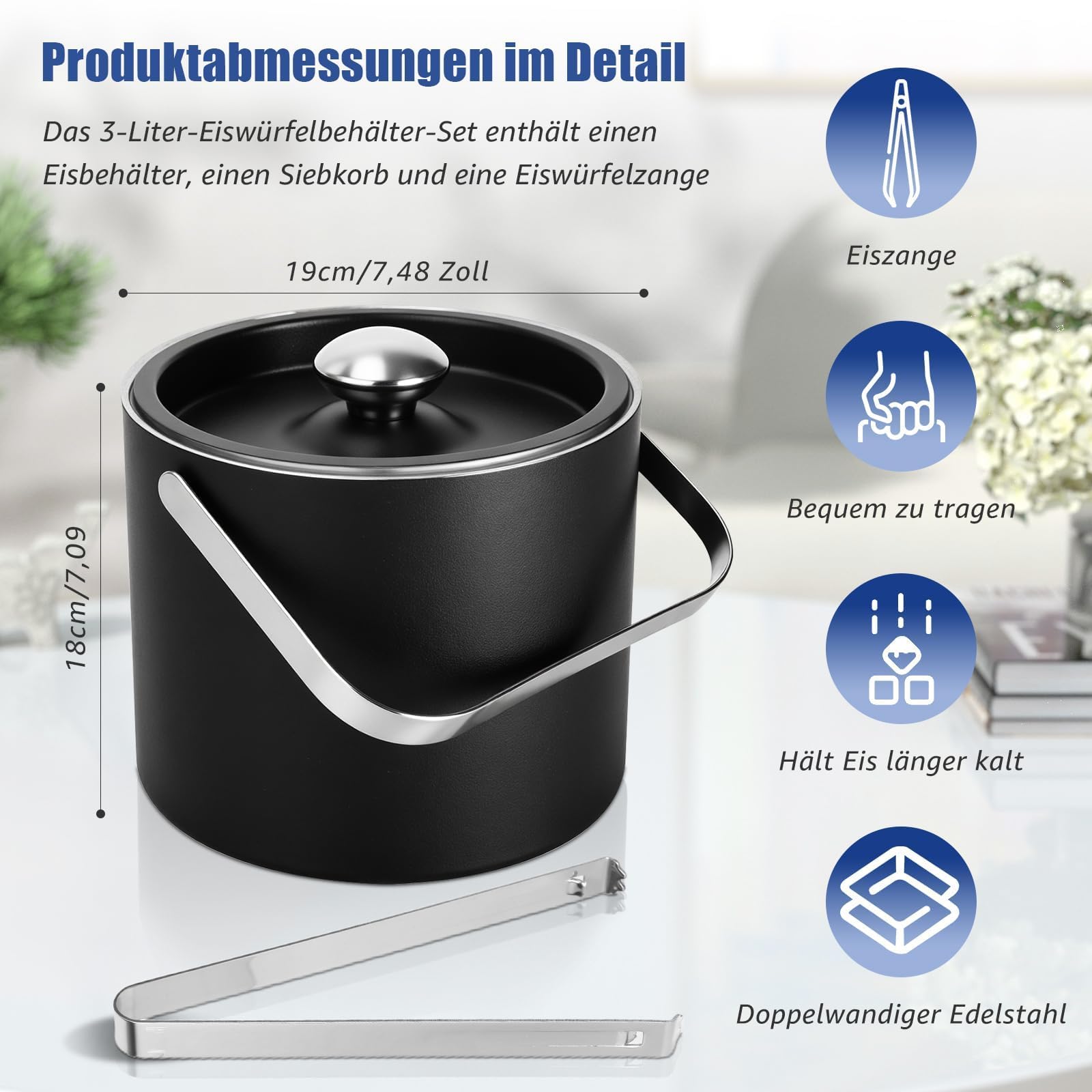3L Eiswürfelbehälter, Moderner isolierter Eiskübel, Eiswürfelbehälter mit Silikondeckel, Zange+Sieb, doppelwandiger Edelstahl-Eiskübel Eisbehälter für Partys, Bier, Champagner, Wein(Schwarz)