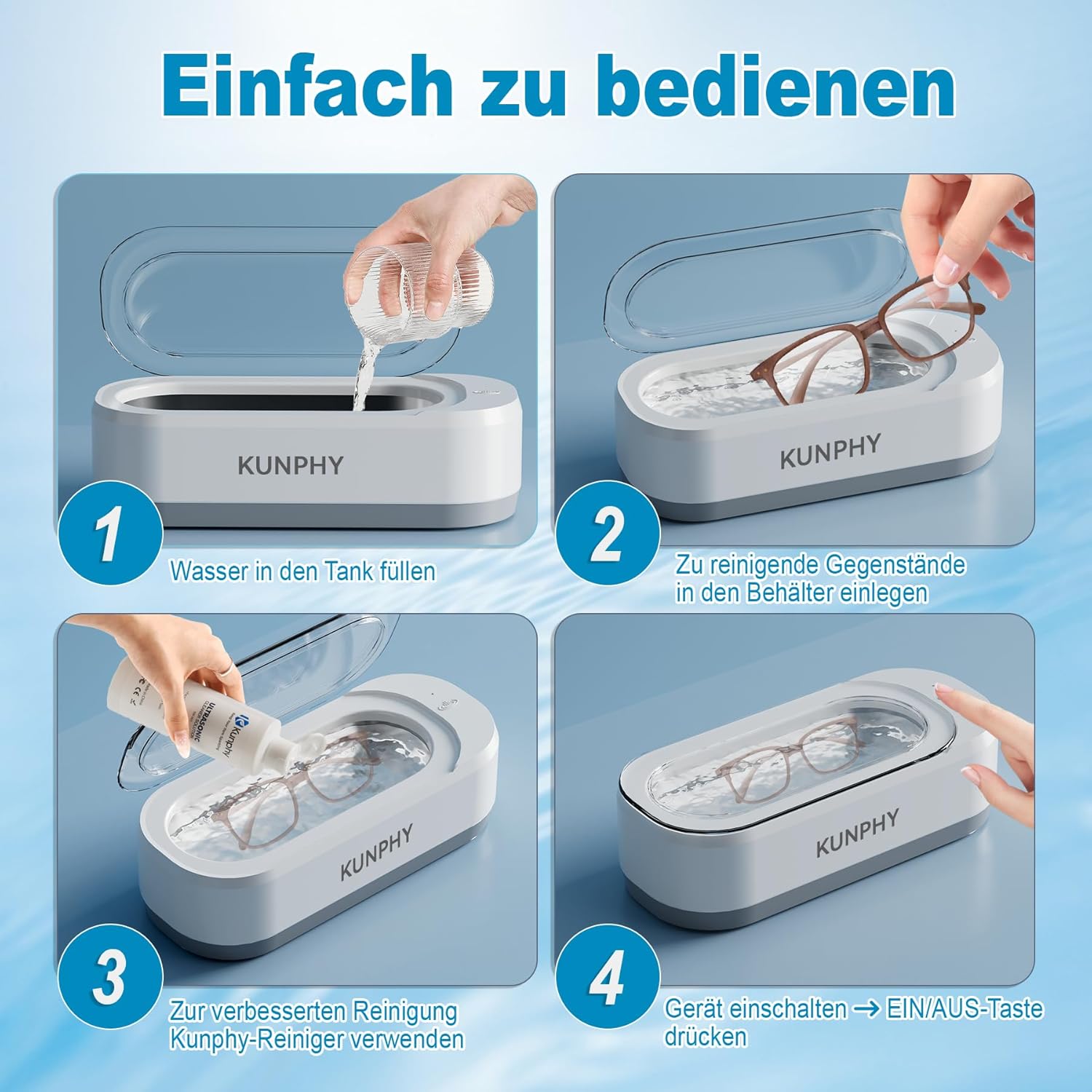 Step-by-step guide for using KUNPHY Ultrasonic Cleaner: filling water, placing items, adding solution, pressing ON/OFF