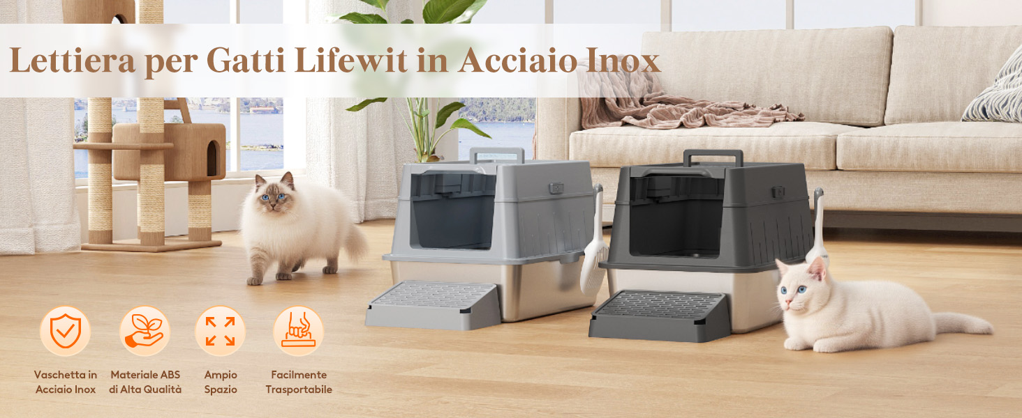 Lettiera Chiusa Per Gatti Lifewit In Acciaio Inox - XXL Con Coperchio E Paletta