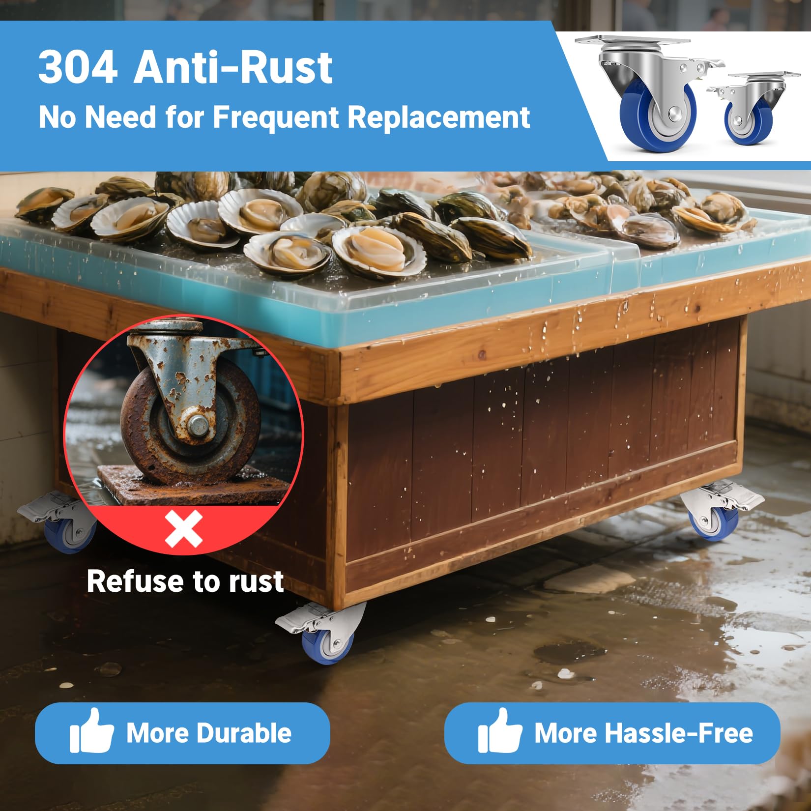 75mm Ruote in Acciaio Inox per Carrelli Pesanti, Capacità di 540kg, Ruote Girevoli Industriali con Freni, Rotelle Resistenti al Calore per Mobili, Dispositivi Medici, Utilizzo All'Aperto