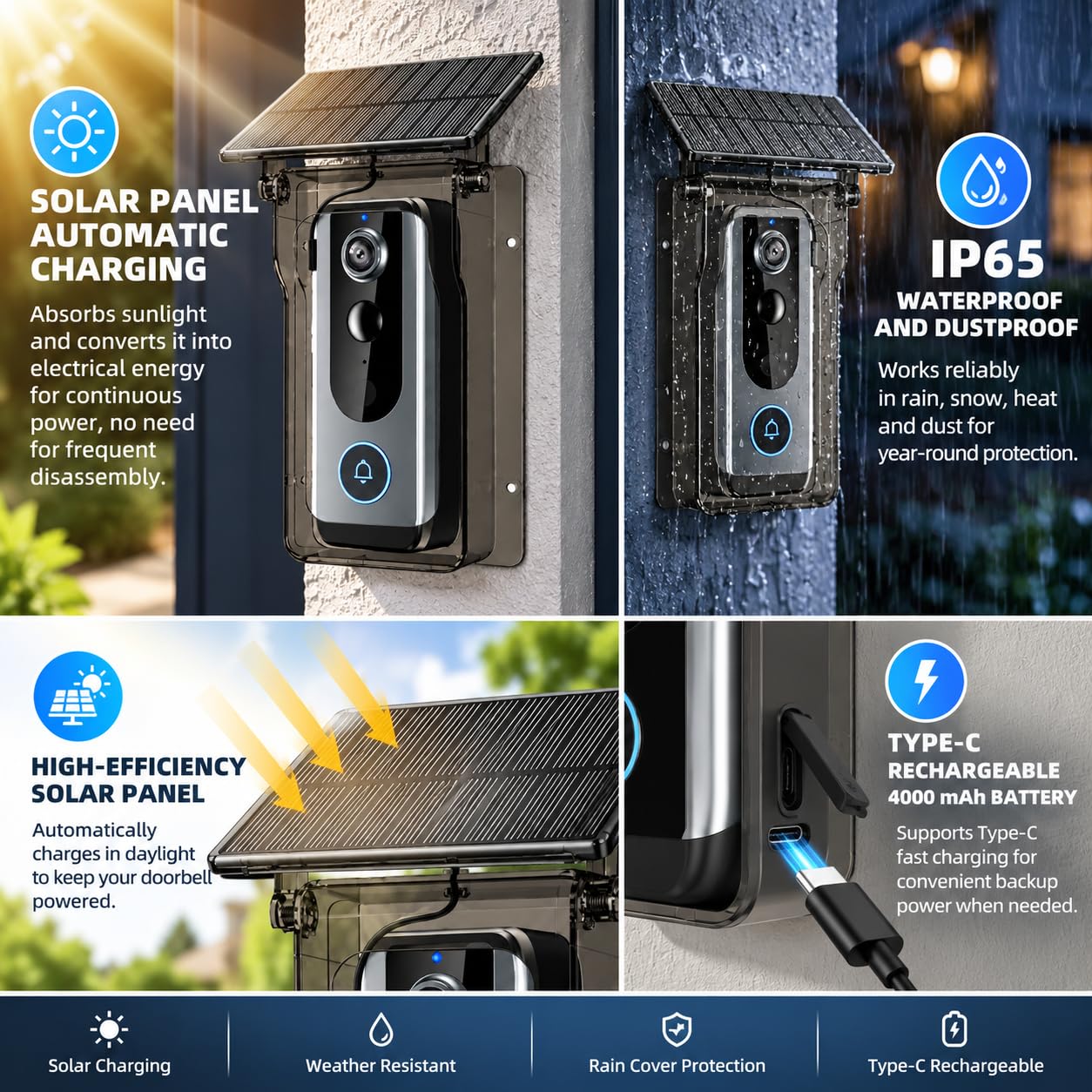 Caméra de Sonnette vidéo sans Fil, WiFi 2,4G avec Protection Solaire