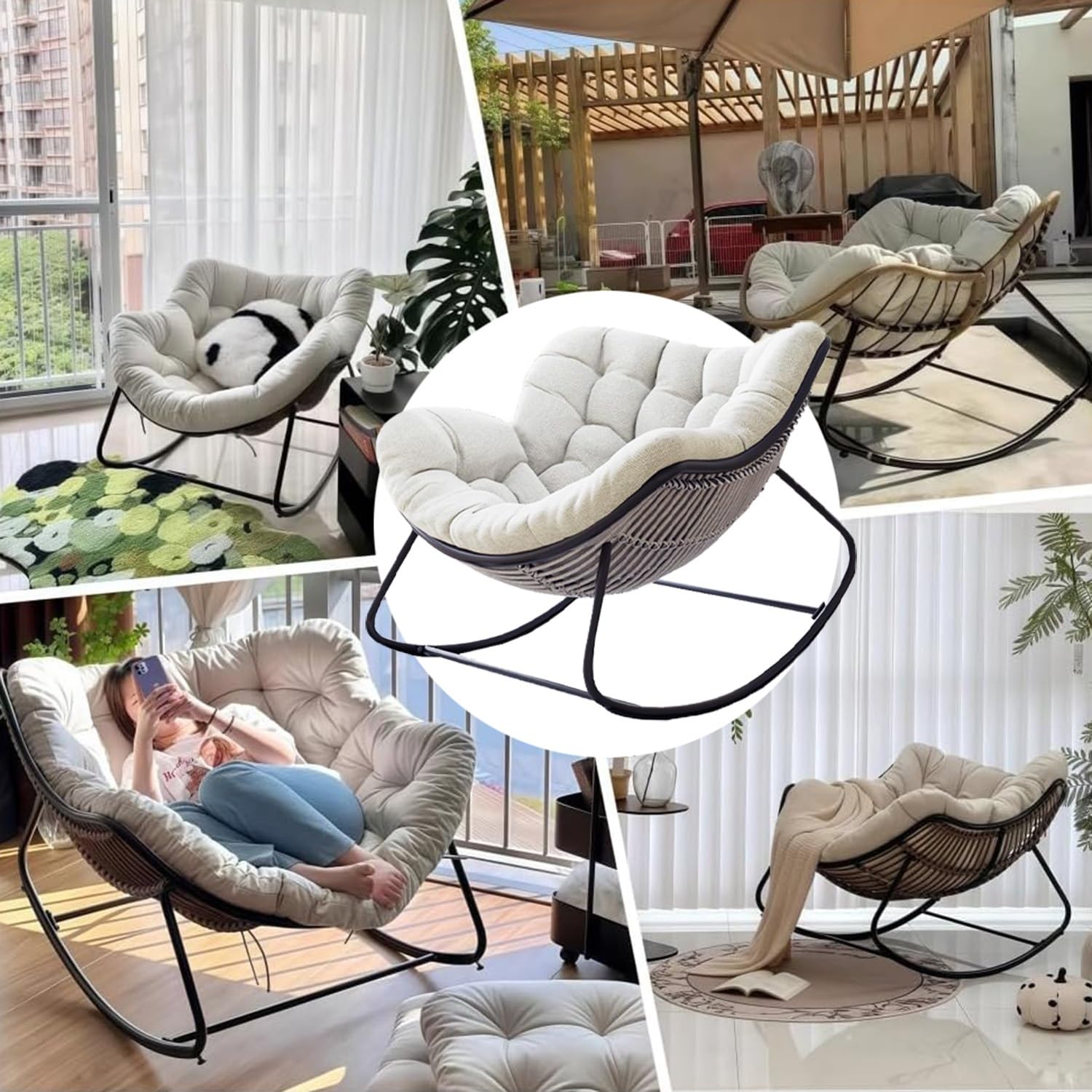 Coussin de Chaise à Bascule Intérieur Extérieur – Épais et Doux for Fauteuils Papasan, Œuf, Rotin et Wicker – Coussin de Siège for Véranda, Jardin, Patio, Salon (Coussin Seul)(Noir)