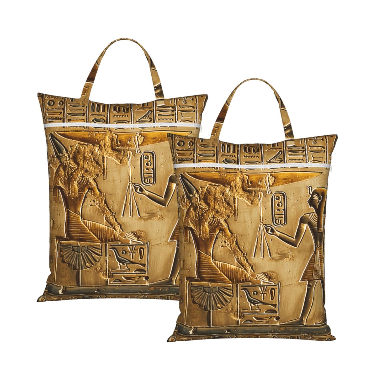 Large Travel Laundry Bags,Egypt Hieroglyphics Print with Handle Foldable Laundry Bag for Holidays Gym Swimming and Family Trips, 2Pcs