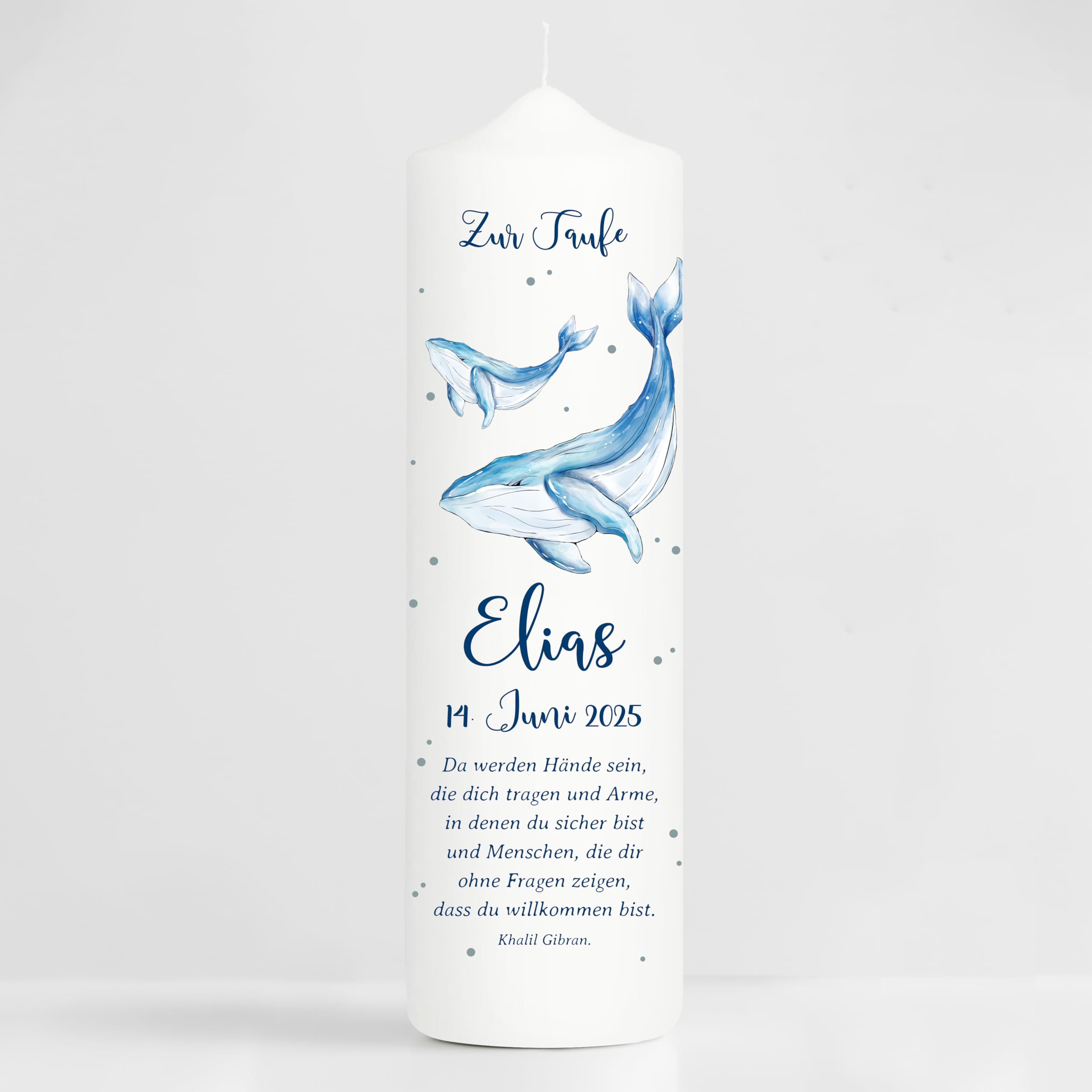 Wandtattoo Loft Taufkerze Junge mit Taufspruch + 2 Patenkerzen, Motiv Blauer Wal 25 x 7 cm, personalisierte Kerze, bedruckte Kerze zur Taufe, Taufgeschenk