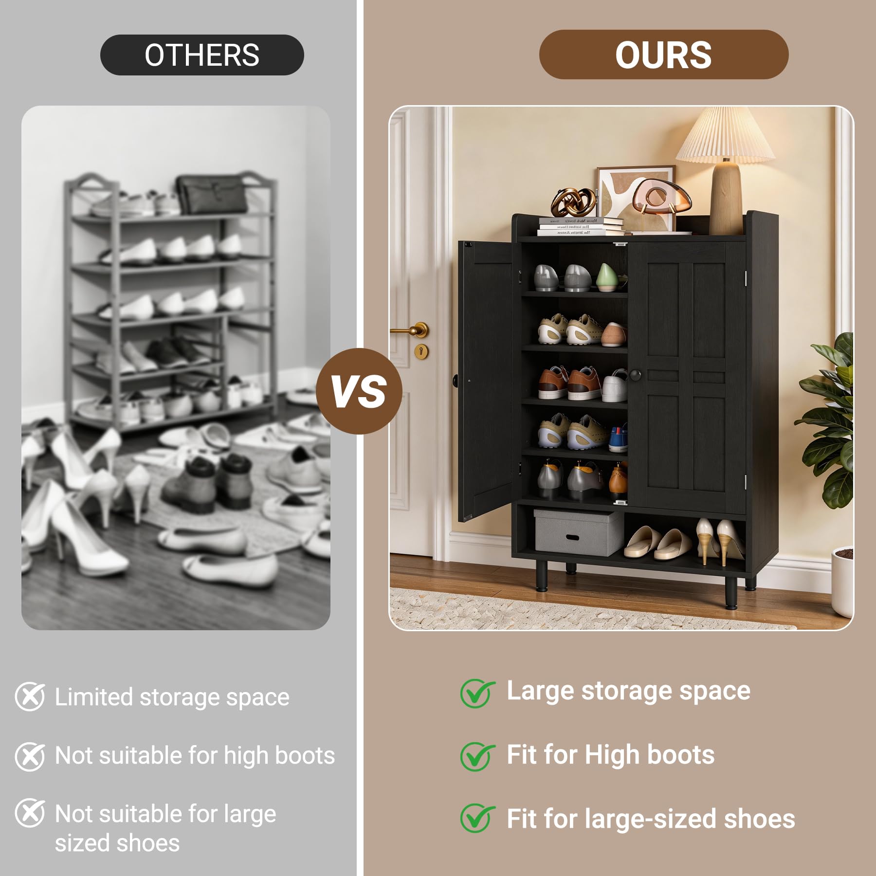 Hawthyhome Schwarzer Schuhschrank aus Holz mit Türen, Shoe Cabinet für mehrere Familienmitglieder, 7+1 Ebenen Flurschrank mit großem Fassungsvermögen, Schuhkommode für Wohnzimmer, 75 × 35 × 115 cm