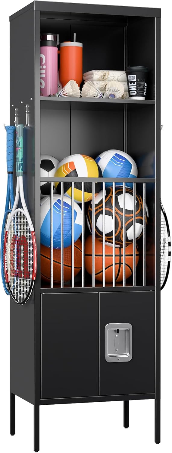 METAN Metal Sports Lockers for Bedroom,School,Steel Locker with Legs and Lockable Door,Black,Assembly Required