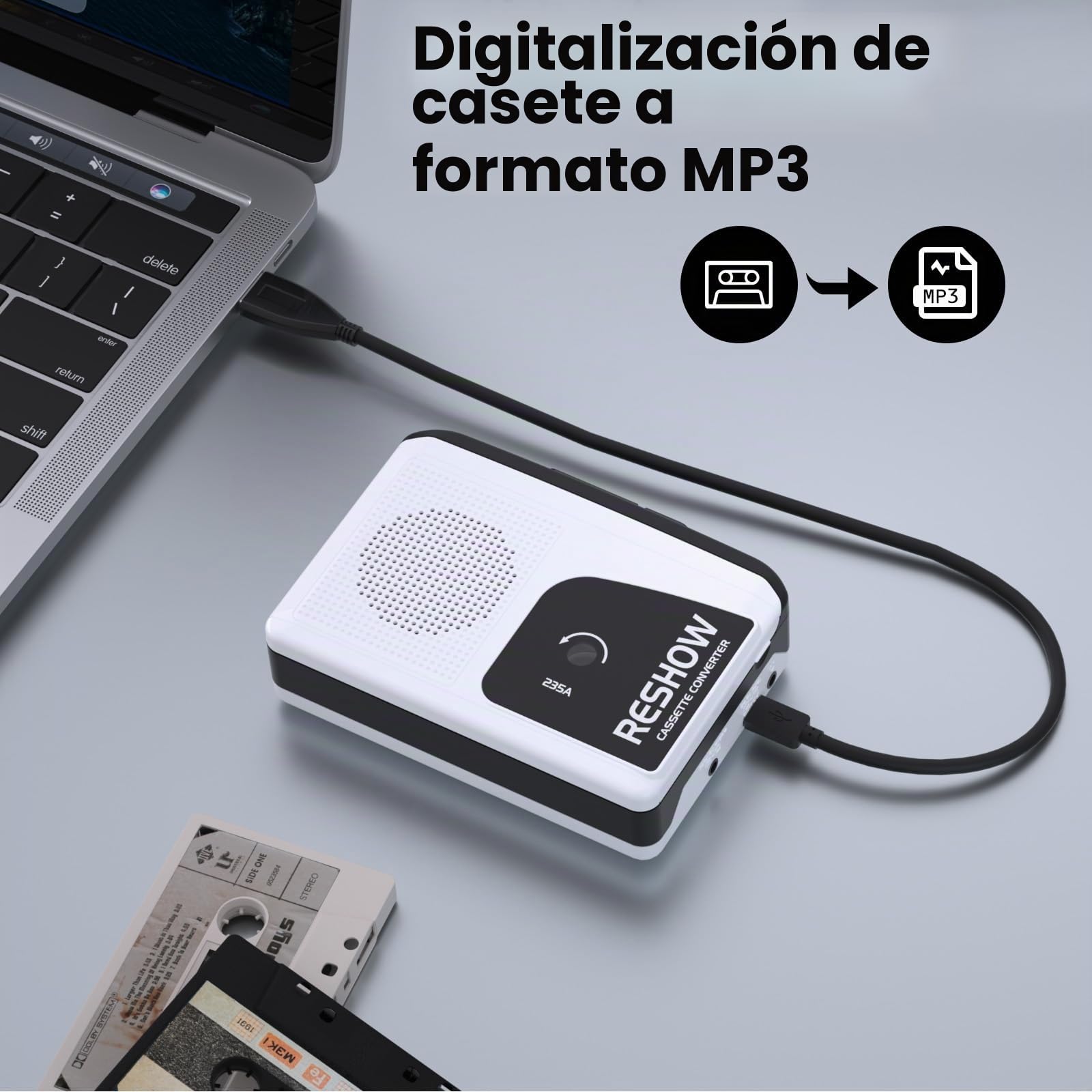 Reshow Reproductor de Casetes Portátil, Micrófono y Altavoz Integrados, Conversor USB de Casete a MP3, Grabación Inversa en Cinta, Grabador de Casetes con Auriculares