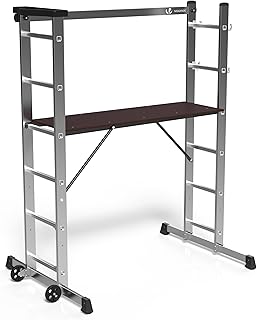 VOUNOT Échafaudage Aluminium 3 En 1 Échelle Stable Multifonction avec Plateforme de Travail : 120 x 40cm Charge Max 150KG 6 Postions Échafaudage Mobile sur Roues avec Support à Outils