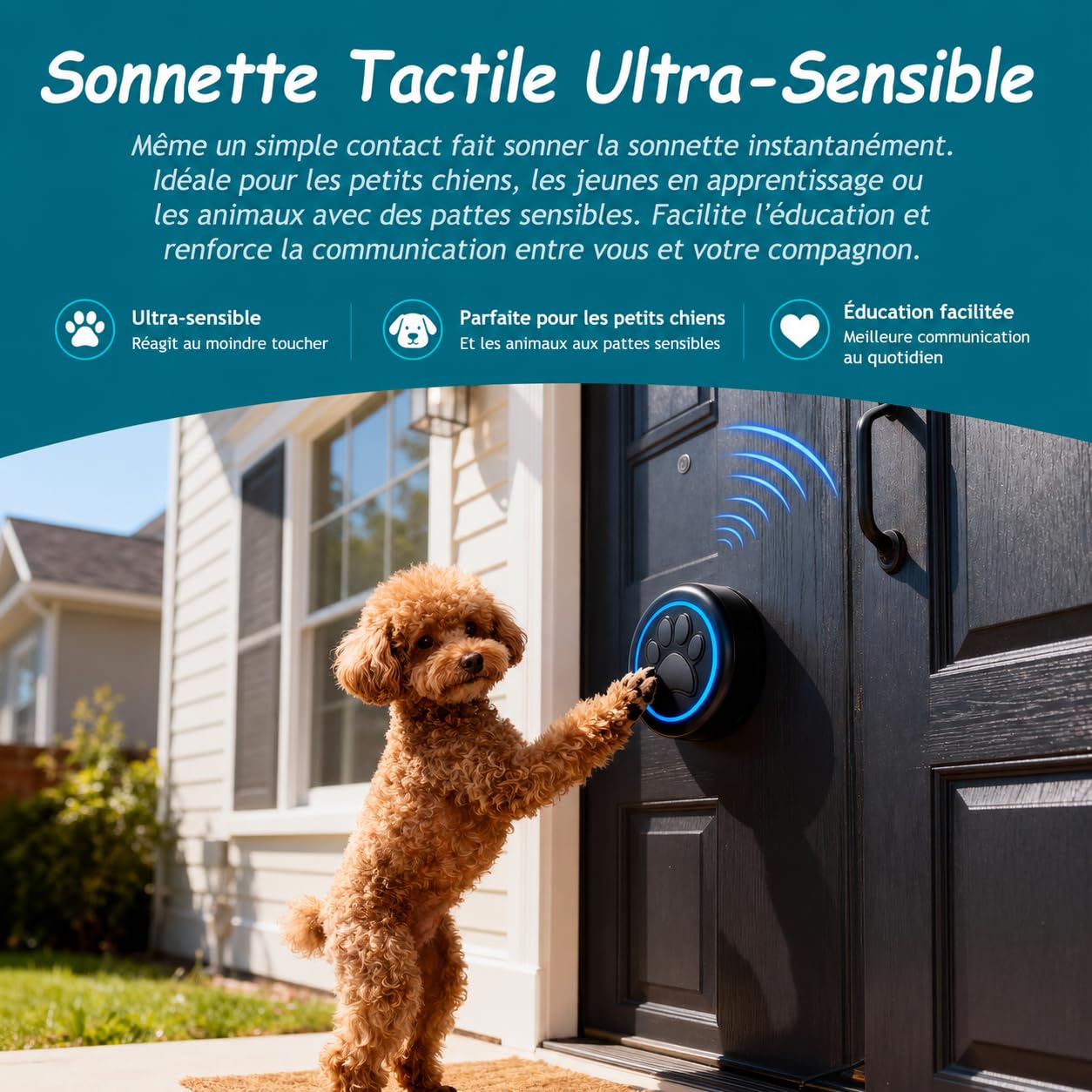 A88 Blk Sonnette Chien Tactile (1 Sonnette et 1 récepteur) | Sonnette sans fil 300 m, LED, 60 mélodies, étanche IP65; bouton sensible pour apprentissage de la propreté
