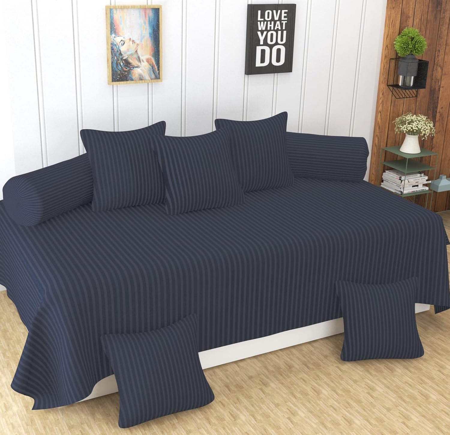 Diwan Set - Pure Glace Cotton, Printed Design, 1 Single Bedsheet, 5 Cushion Covers, 2 Bolster Covers, Soft & Smooth, 60 x 90 inches-picture-47