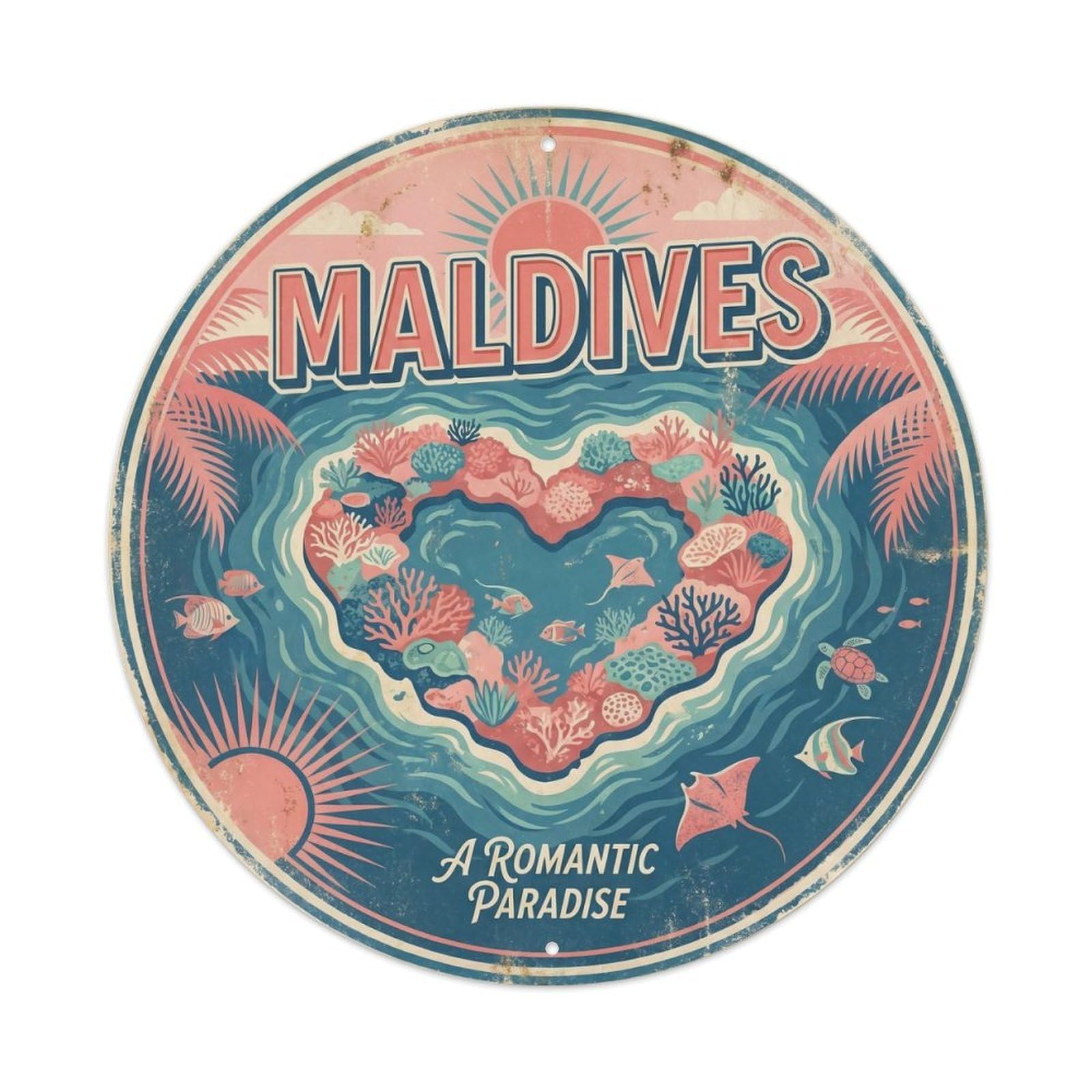 Maldives Heart Coral Reef Island Nature Botanical Metal Tin Sign