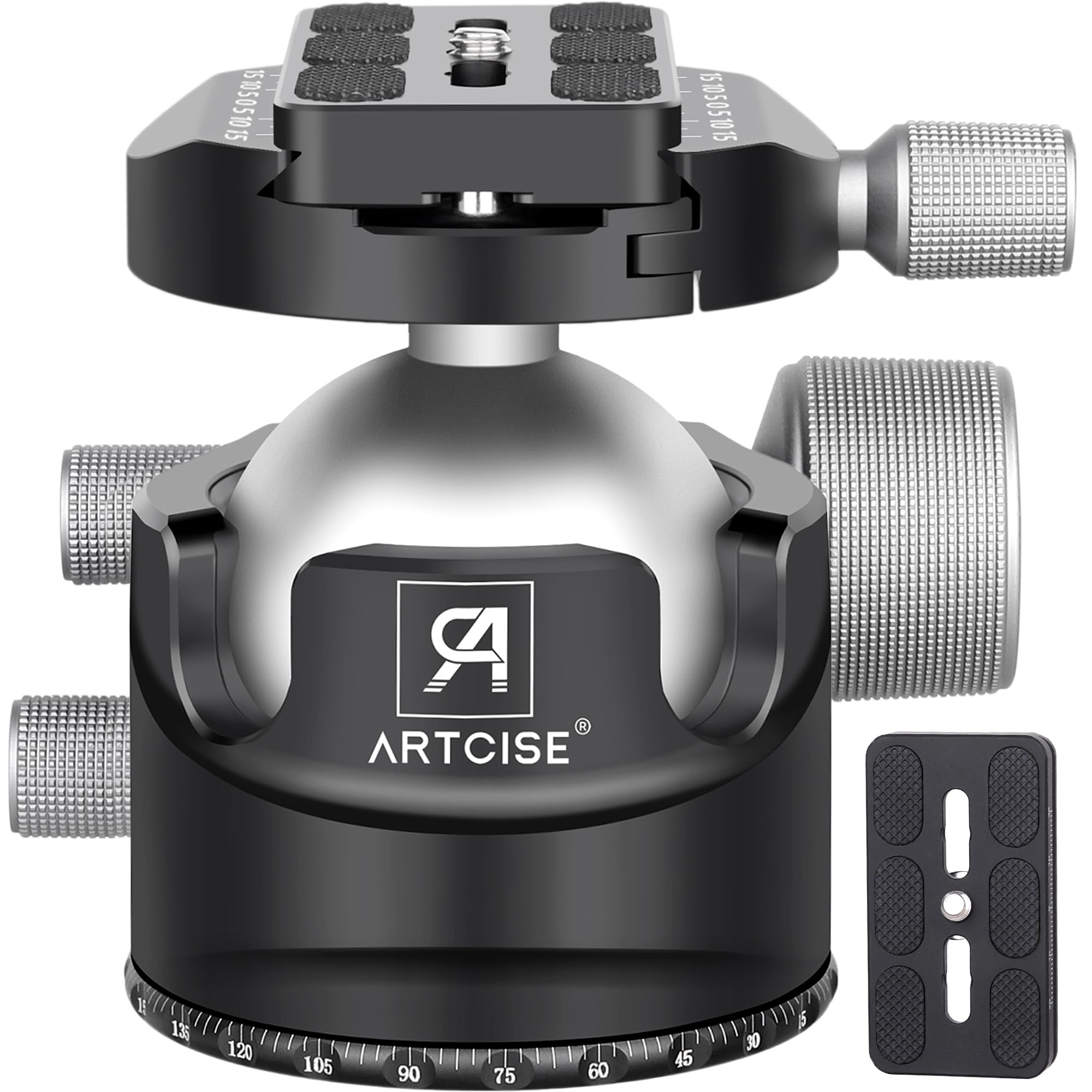 ARTCISE 55mm Low Profile Ball Head, Heavy Duty 360° Panoramic Tripod Head, All Metal CNC Panoramic Ball Head with Two 1/4" Quick Release Plates, Max