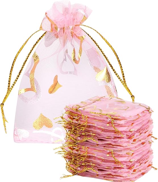 100 Small Organza Jewellery Pouches Gift Bag 7x9cm/2.76x3.43inch Mesh Candy Drawstring Bag for Wedding Favour Bags Birthday Anniversary Christmas Party Supplies Wrap Sample (Pink 100PCS)