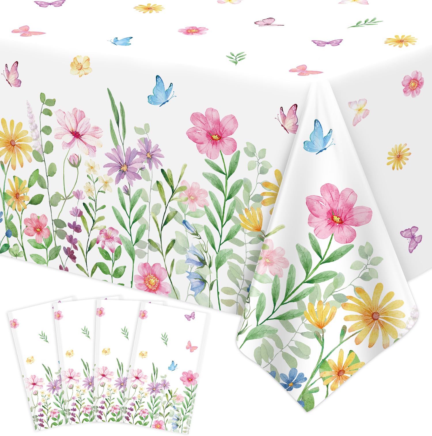 4 Pcs Spring Floral Tablecloth Blooming Flower Tablecloth Wildflower Table Cloth Butterfly Table Cover Easter Picnic Spring Party Decorations Tea Party Supplies Wild Flower Birthday Decor 86 x 51 Inch
