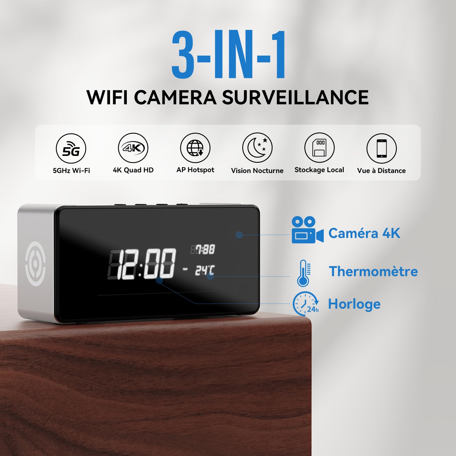 mini telecamera spia nascosta Interna 4K UHD Videocamera Sorveglianza con Visione Notturna, Mini Telecamera Spia Nascosta, Notifiche Movimento Istantanee, Doppia Memoria SD/Cloud