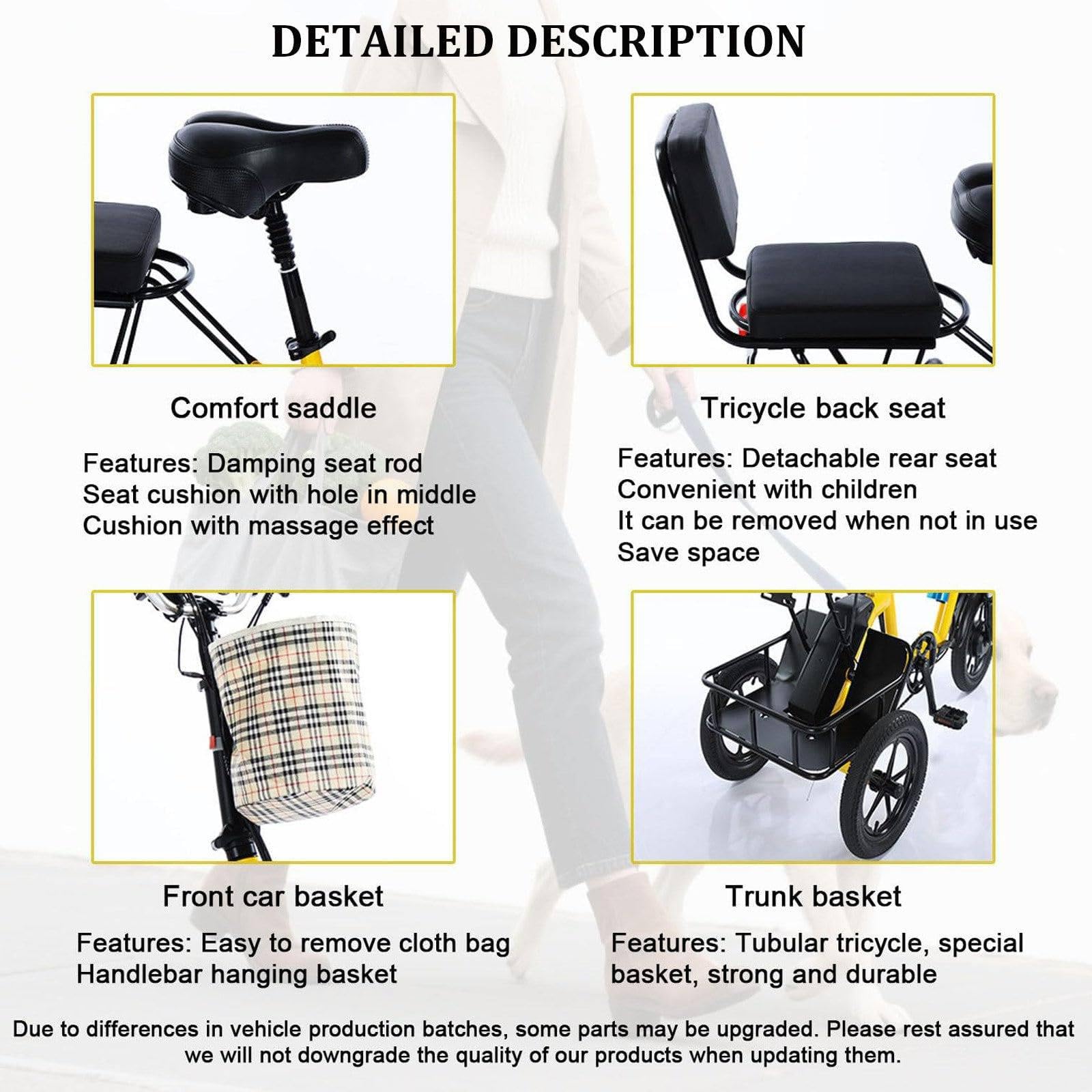 Triciclo Elettrico Pieghevole Da 14 Pollici, Biposto, Con Batteria Da 48V 10Ah (Autonomia Di 45km), Doppio Freno Anteriore E Posteriore, Supporto Per Telefono Ricaricabile, Per Adulti. Yellow