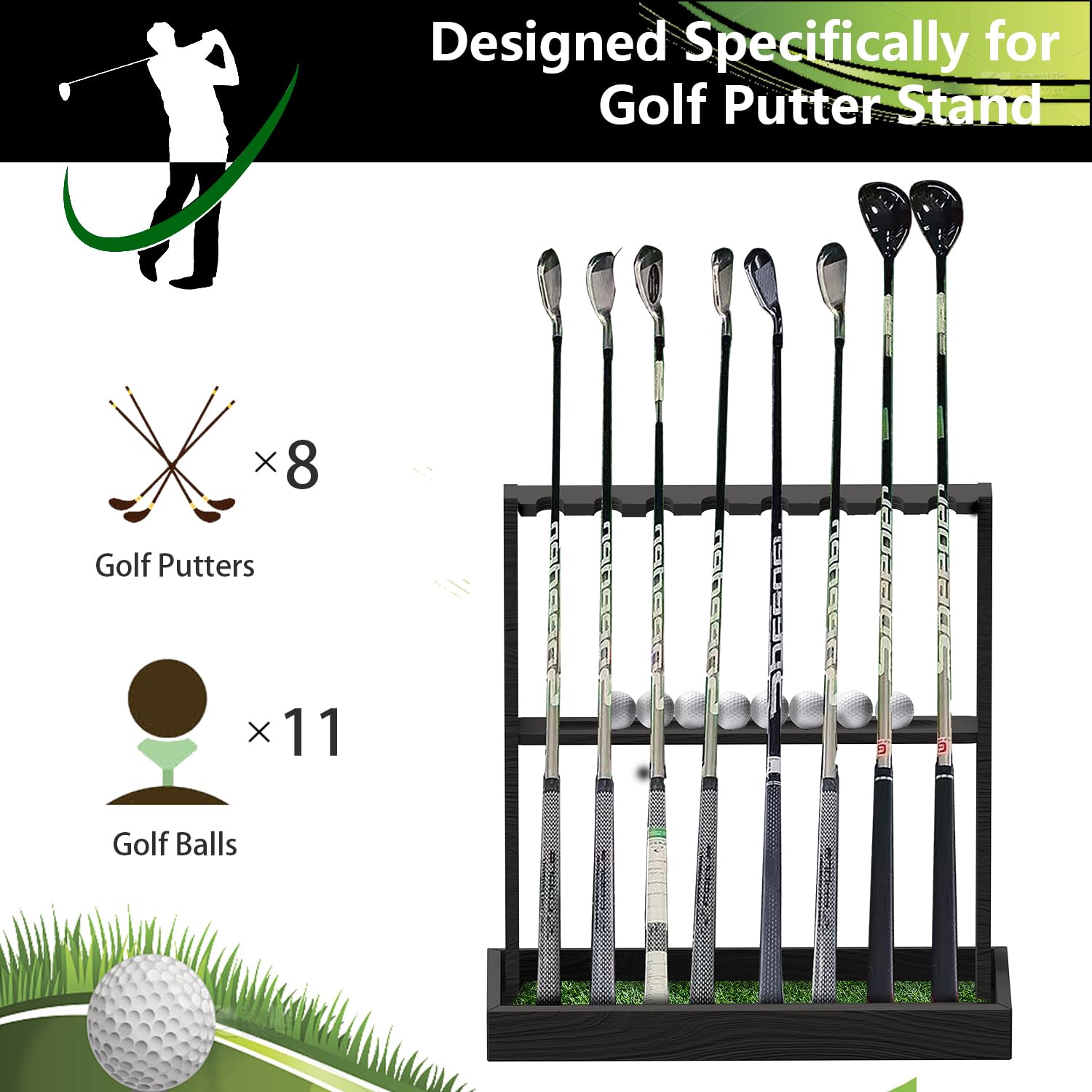 Soporte para palos de golf, estante de madera para palos de golf, estante de exhibición interior, organizador de palos de golf para almacenamiento de 8 palos y 11 pelotas, estante de golf para