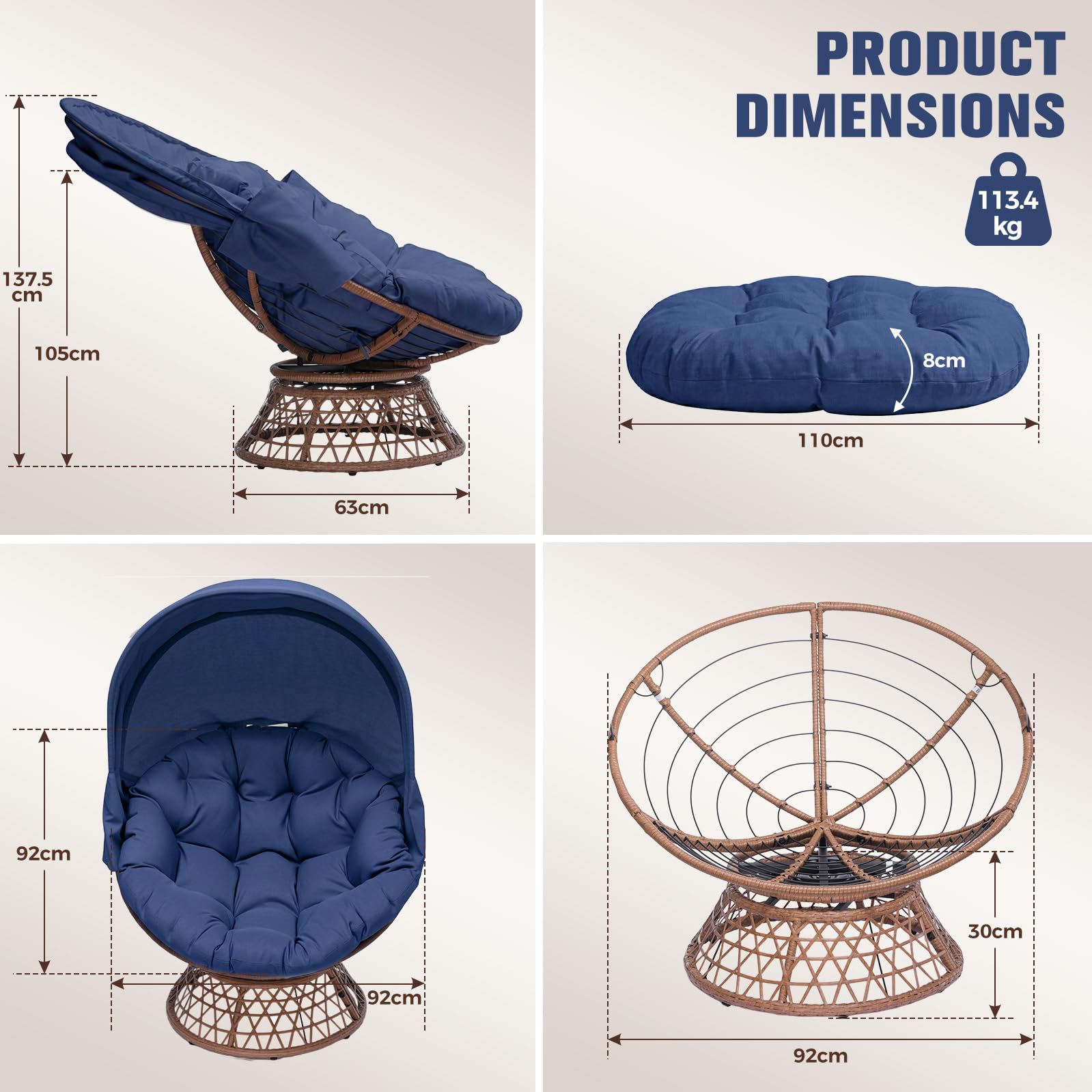COMHOMA Poltrona da papasan, comoda poltrona girevole con cuscino rotondo, comoda poltrona in rattan, girevole, in vimini, per soggiorno, angolo lettura, lounge – blu