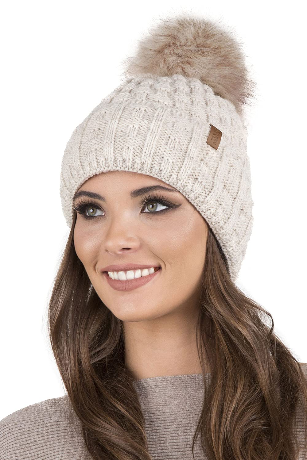 Vivisence Gorro Invernal para Mujeres De Punto Elegante con Corte Clásico Hecho De Hilo Cálido con Pompón Y Forro Interior Ideal para Los Días Fríos De Invierno