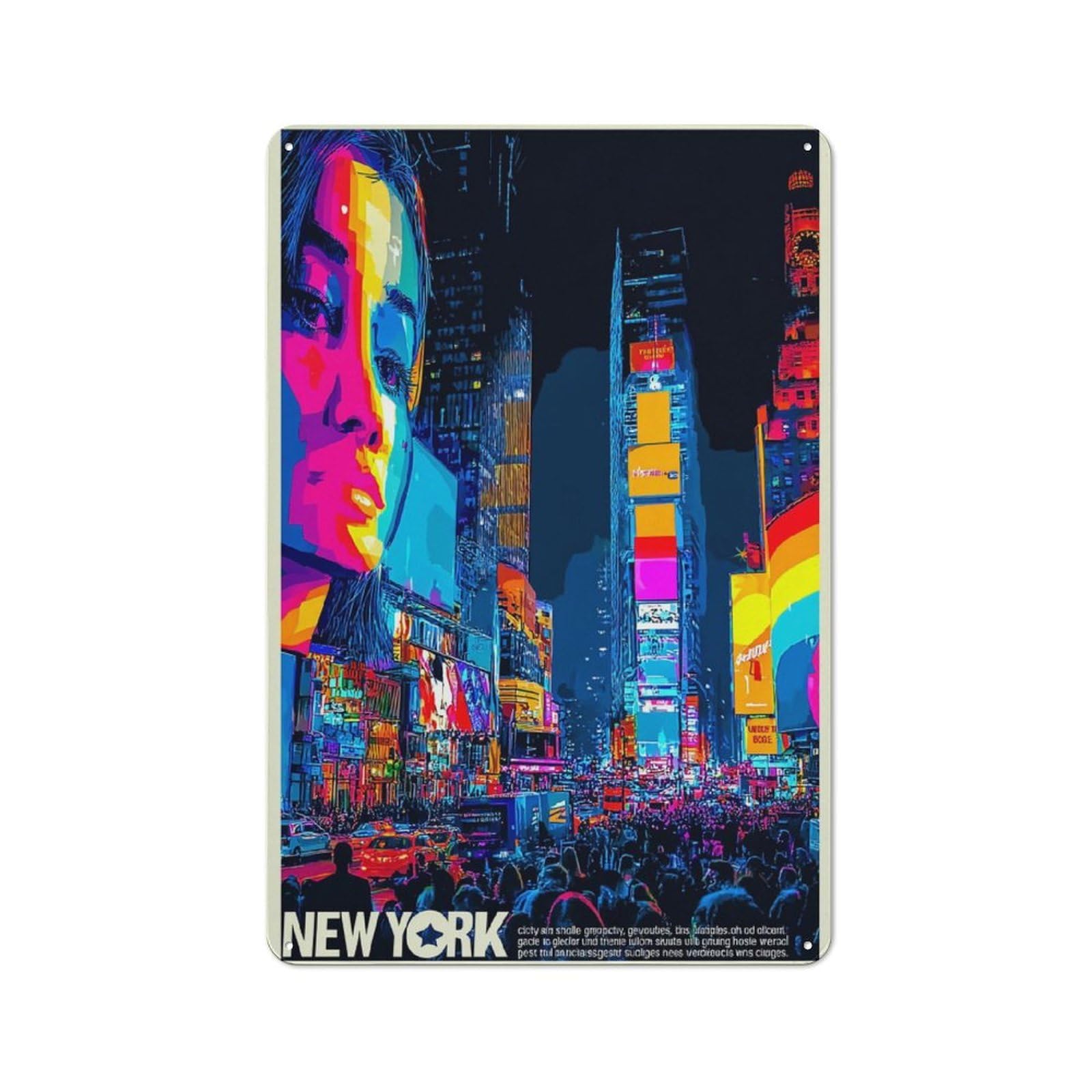 Junmoney Neon Nights New York's Vibrant Cityscape Rustic Tin Wall Plaque 30X20cm For Bar Or Restaurant, For Vintage Wall Decor Fans, For Garage And Workshop Walls