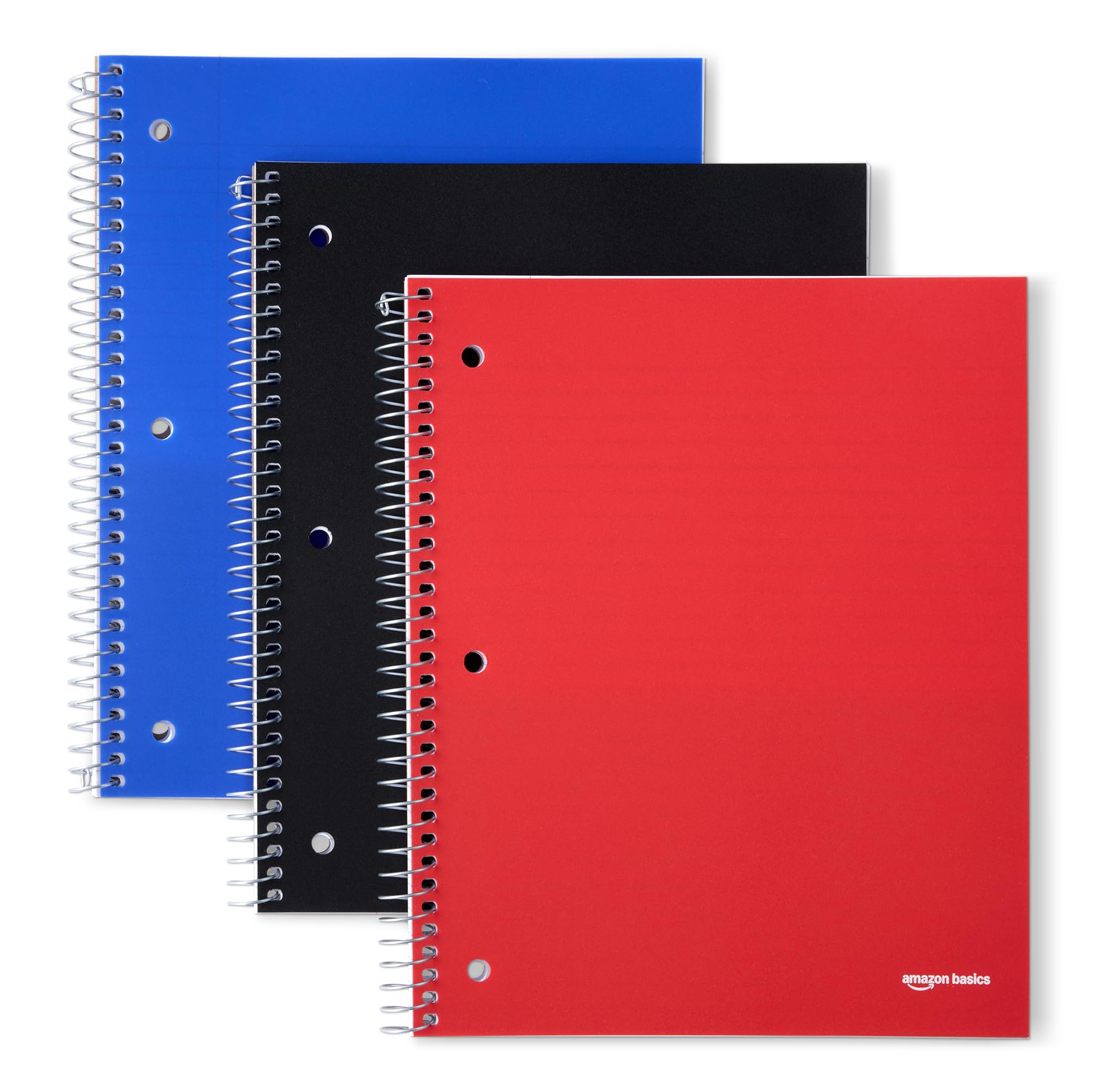 Amazon Basics 1 Subject College Ruled Spiral Notebook Poly Cover,100 Sheets, 8-1/2" x 11", 3 pack, Assorted Primary Colors Assorted Primary Colors 3