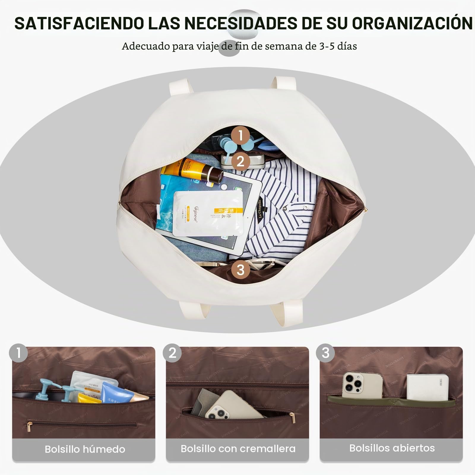 LOVEVOOK Bolsa De Viaje Mujer, Bolso Viaje, Bolsa Maternidad Hospital | Grande Bolsa Deporte Bolsa Gimnasio Mujer, Bolsos De Viaje Fin De Semana 50x38x25, Beige