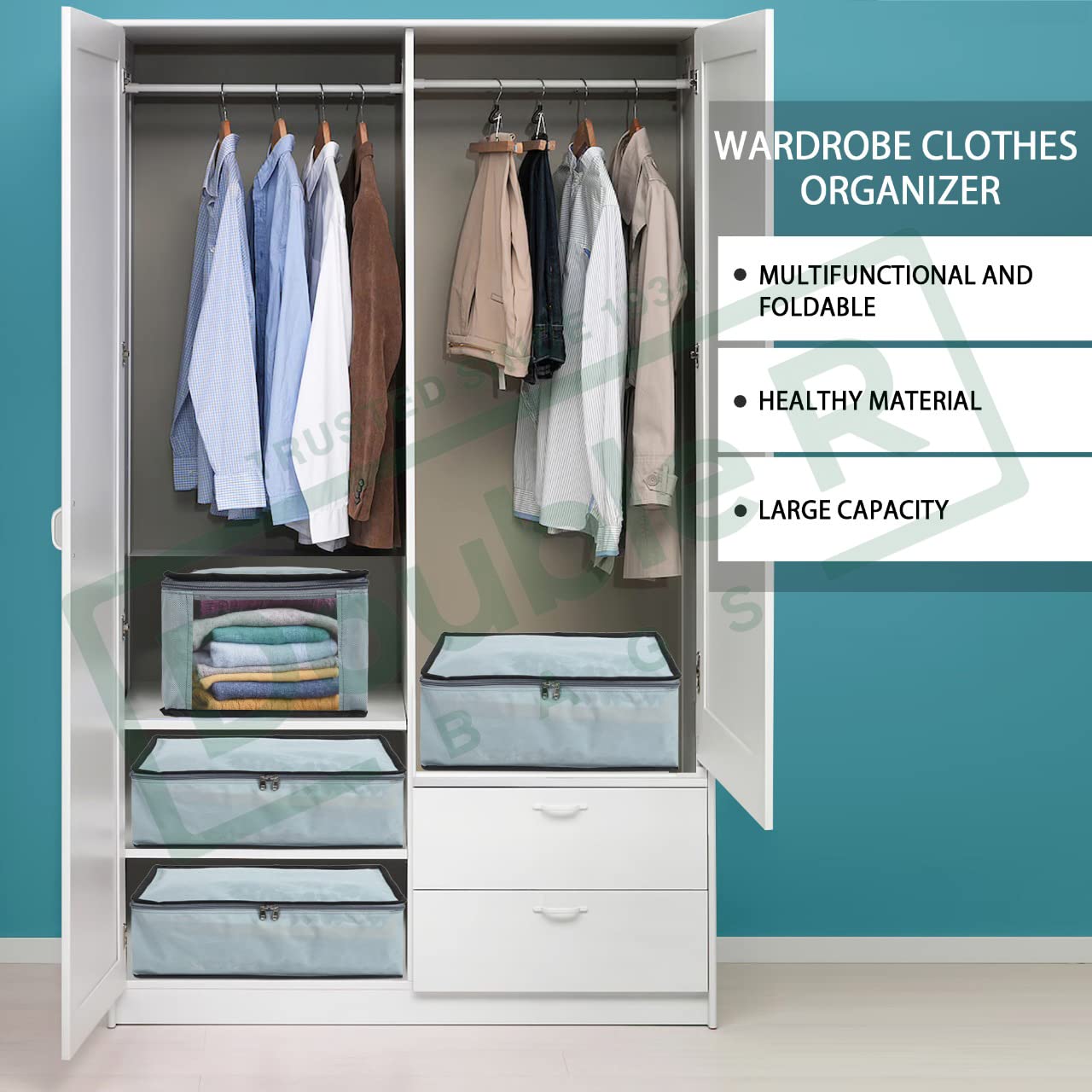 DOUBLE R BAGS Shirt Organizer for Men | Foldable Clothing Storage Box | Closet Organizer for Shirts, T-Shirts & Jeans | Wardrobe Organizer (Grey, Pack of 2, 42x27x17 cm, 1 Compartment) 2