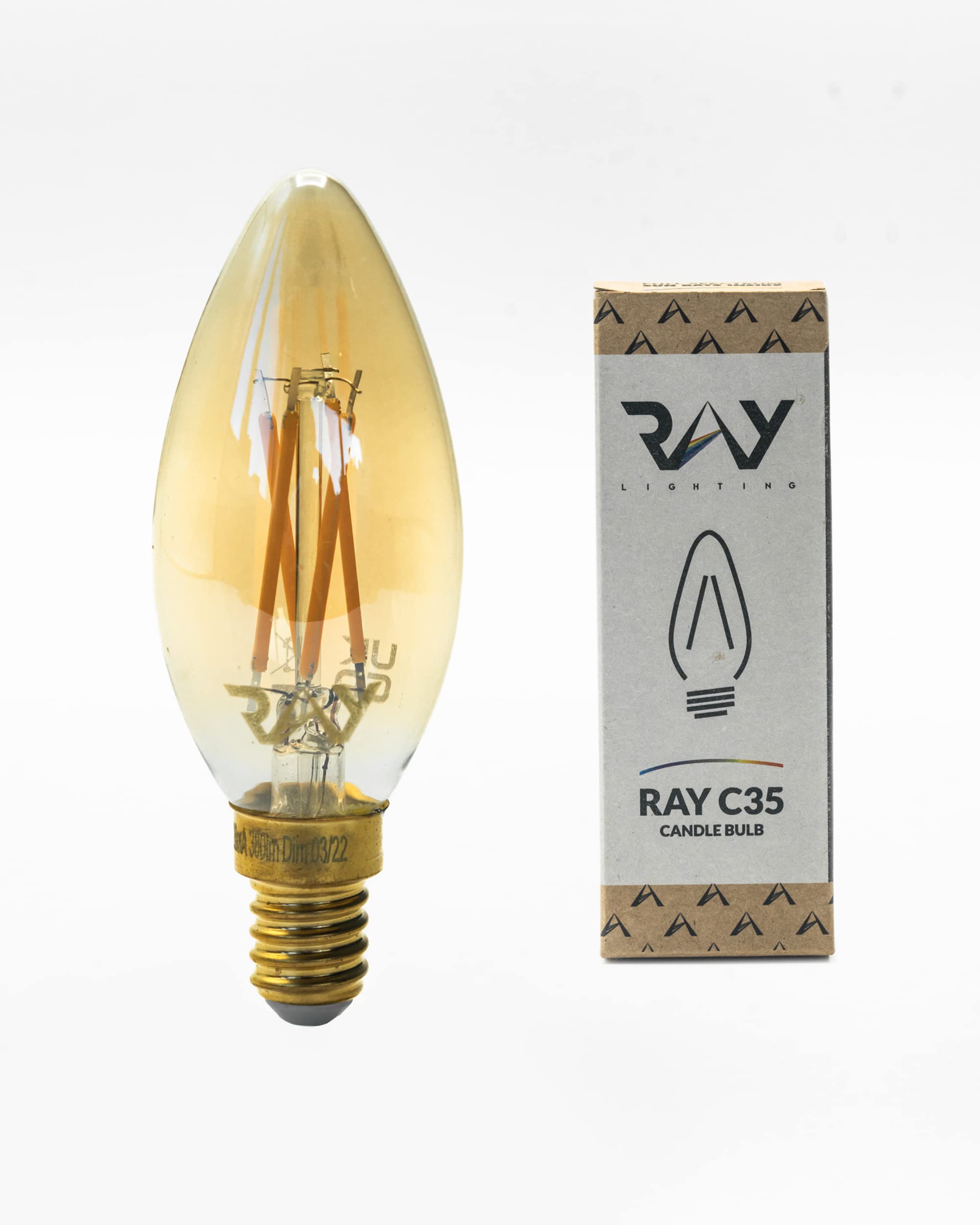 Ray C35 E14 in Liquid Gold Finish. Full Spectrum Colour 93 CRI LED Candle Lightbulb. Flicker Free and Fully Dimmable, Circadian Friendly, Eye-Kind Sleep Better Technology. 380 Lumens at 4.5W, 2400K