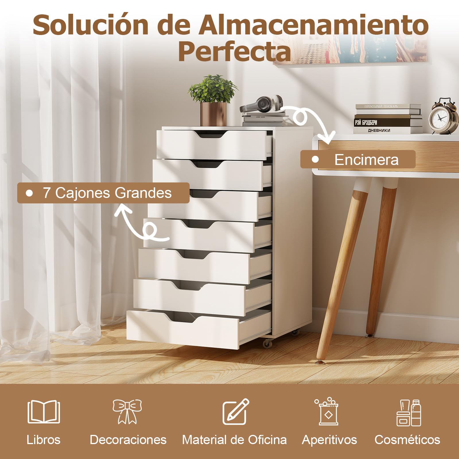 COSTWAY Cajonera Escritorio con Ruedas, 49x40x87 cm, Cajonera Oficina Móvil con 7 Cajones, Archivador Móvil de Madera para Oficina, Estudio, Salón, Dormitorio, Armario de Almacenamiento (Blanco)