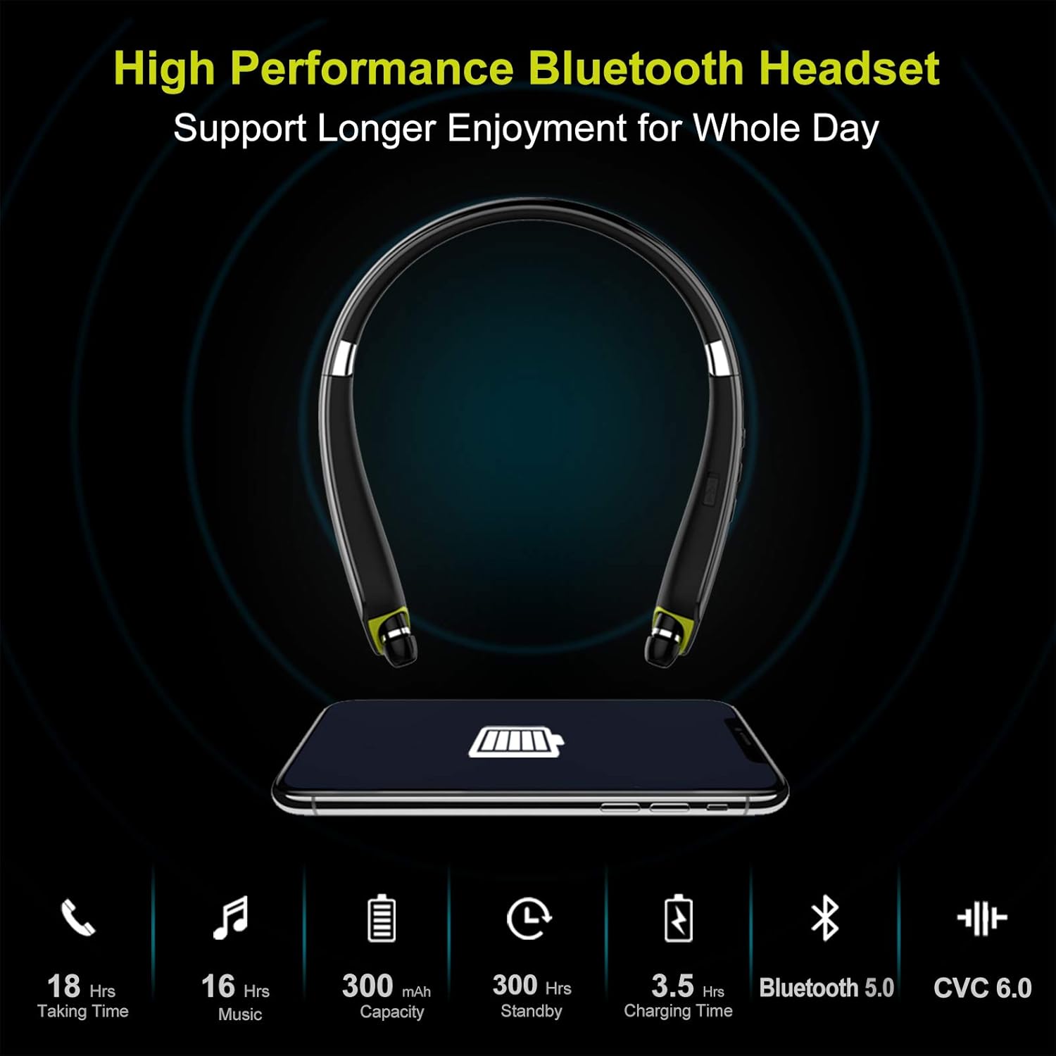 Galirity SX-990 Bluetooth Headset highlighting battery life, Bluetooth version, and CVC 6.0