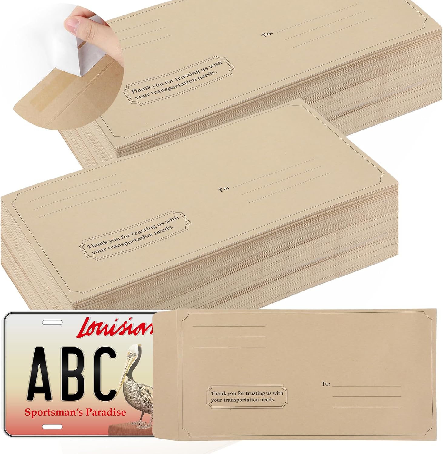 gisgfim 100 Pieces License Plate Envelopes with Self Seal Bulk 13 x 6-1/2 inch Brown Kraft Legal Size Pre-Printed Peel and Seal Mailing Envelopes for License Plate Business Documents