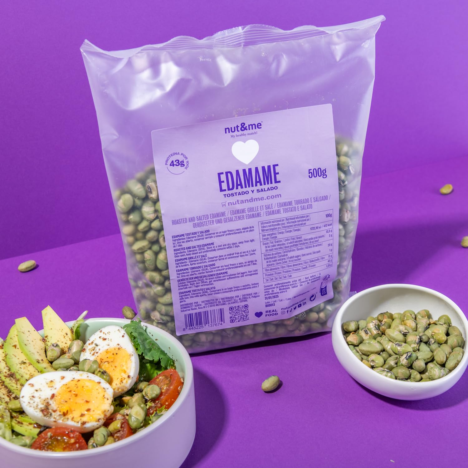 Edamame tostado y salado 500 gr nut&me | Sin gluten y sin azúcares añadidos | Alto en proteínas | Snack crujiente |