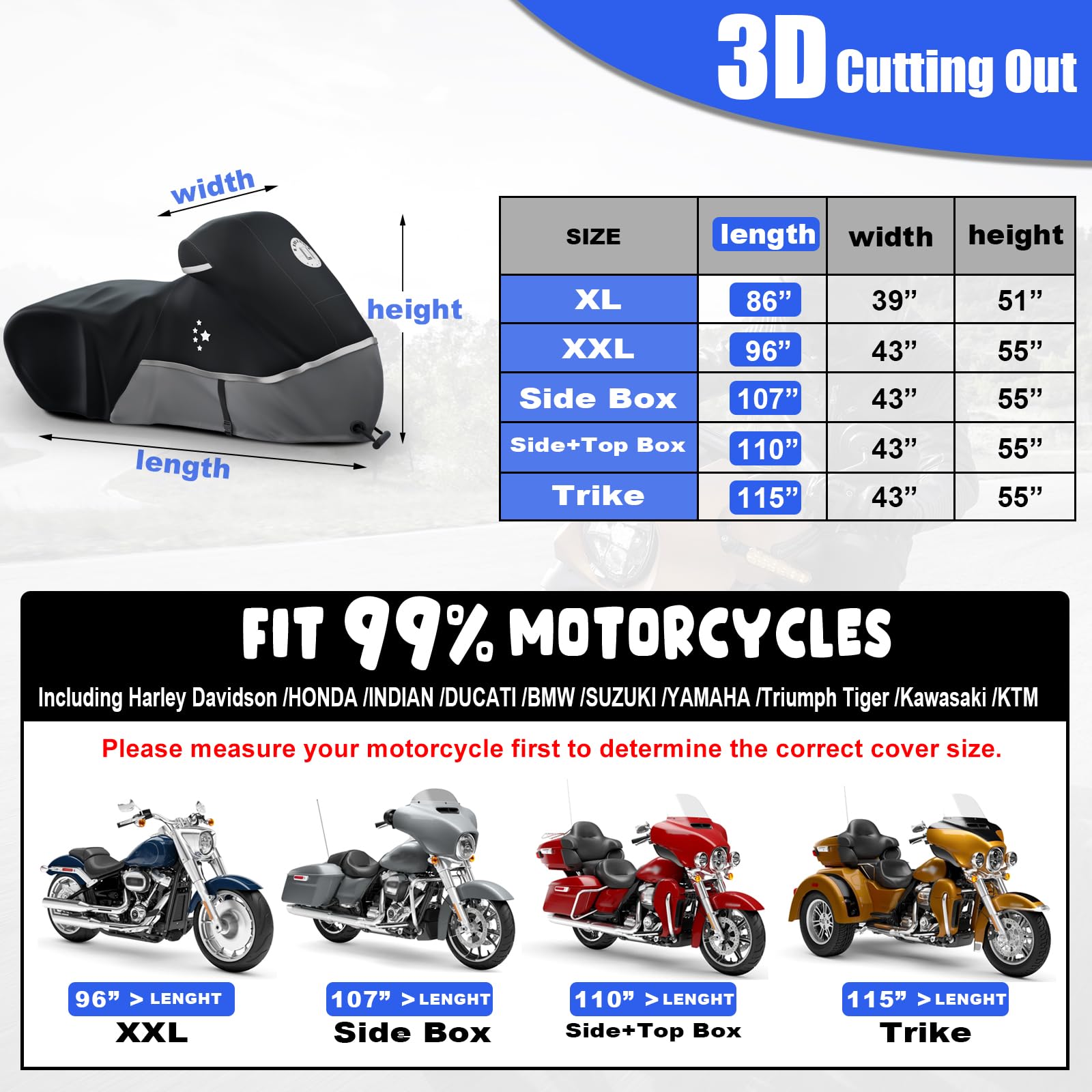 Pokrowiec na motocykl, 420D, wytrzymały, na wszystkie pory roku, uniwersalny, odporny na warunki atmosferyczne, wodoszczelny, ochrona na zewnątrz, 218,4 cm, XL, pokrowiec na
