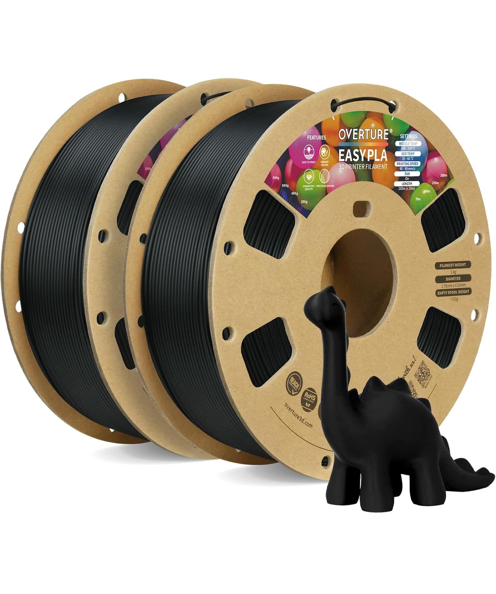 OVERTURE 2KG Bundle Easy PLA 1.75mm 3D Printer Filament, 2 Pack 1kg Spool (2.2lbs), Dimensional Accuracy +/- 0.02mm, Fit Most FDM Printer (Easy Black*