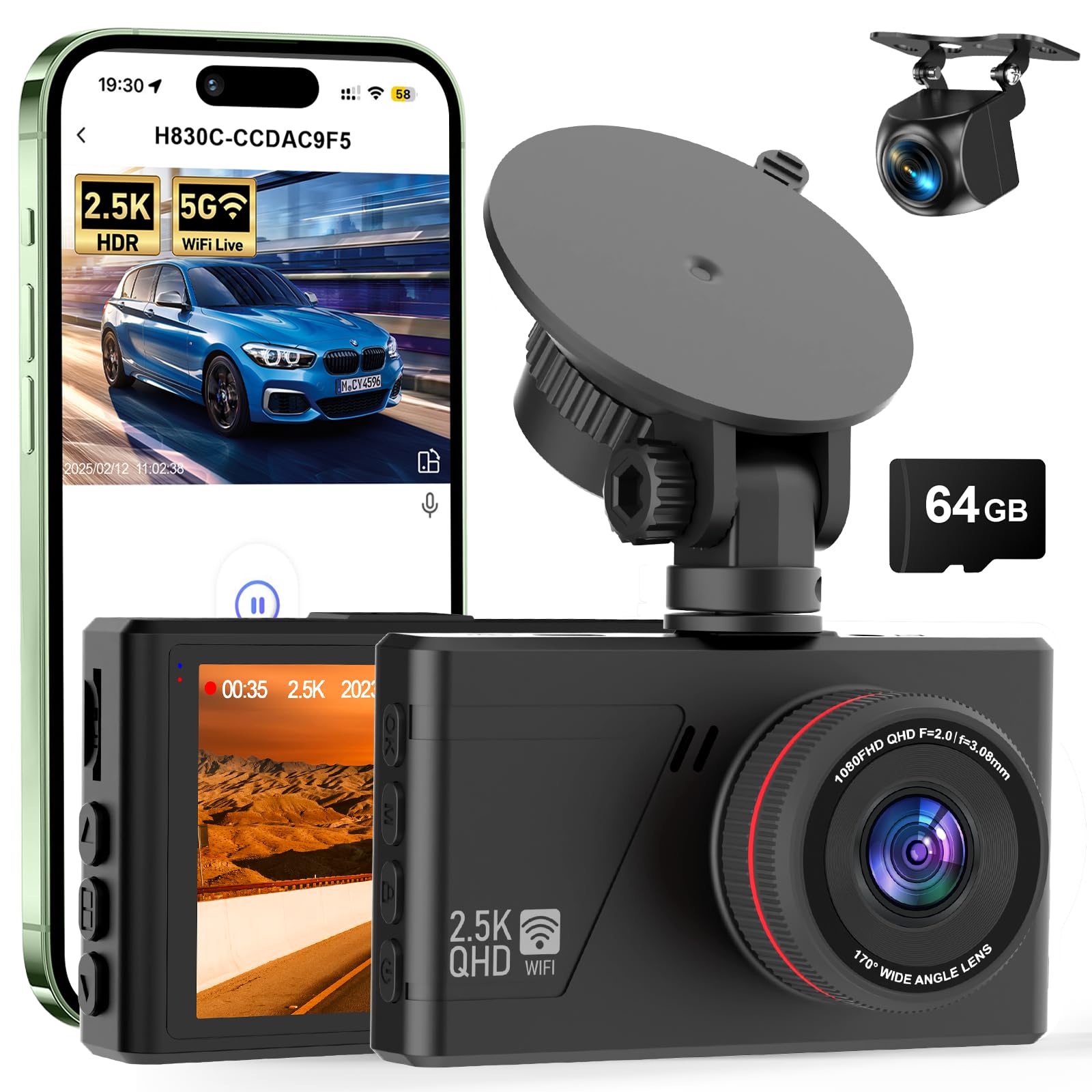 Dash Camera for Cars 2 5K Dual Dash Cam Front and Rear W 64GB Card 3IPS Screen Car
