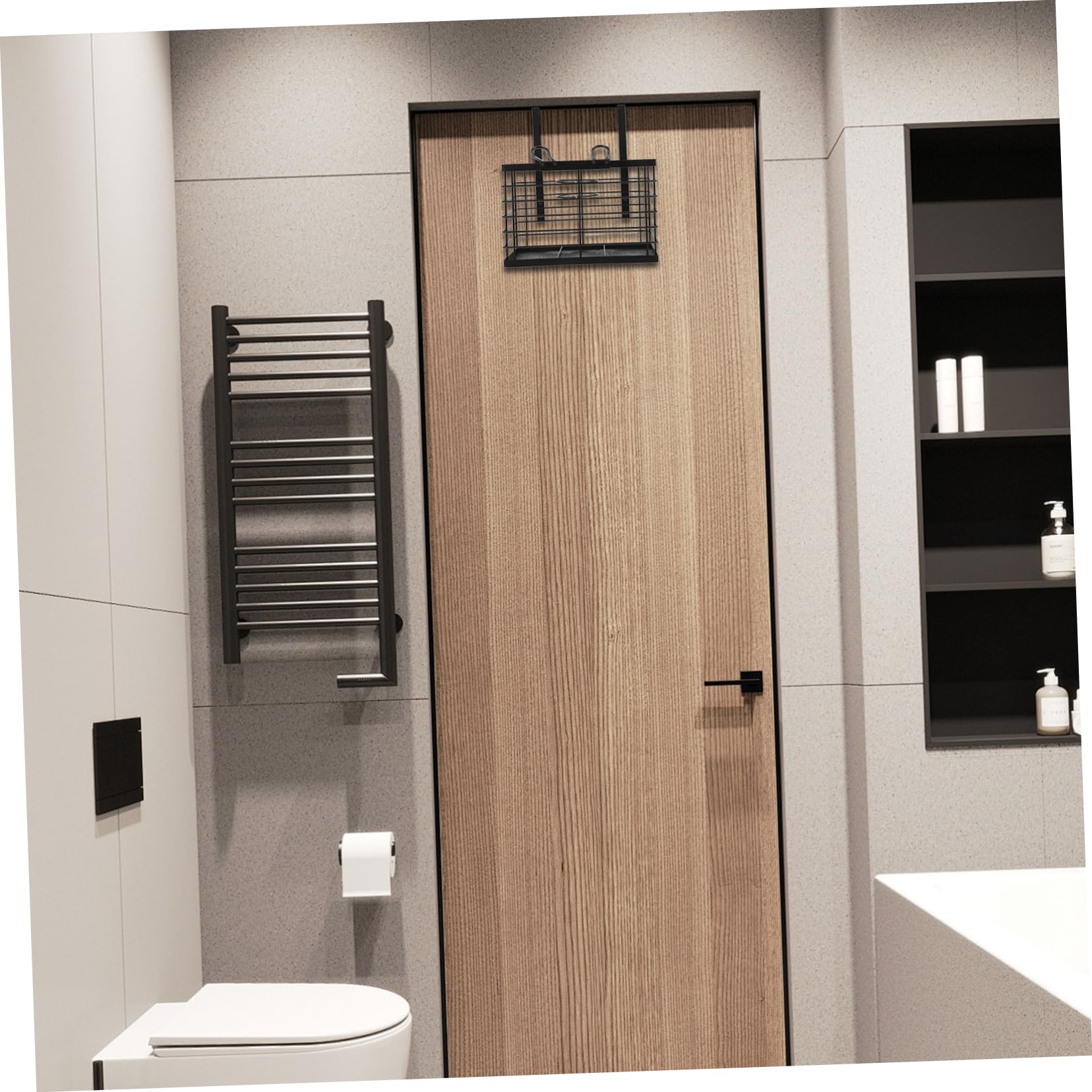TOPBATHY Porta Phon da Muro in Ferro Nero, Porta Asciugacapelli per Porta | Organizer Bagno da Appendere, Mensola per Asciugacapelli, Spazio per Piccoli Oggetti e Ferro Arricciacapelli