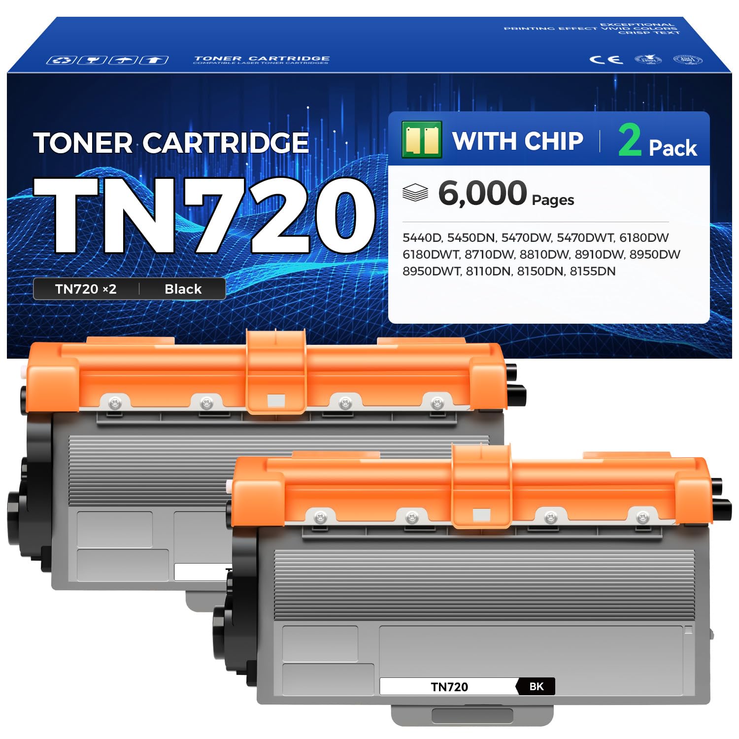 TN720 Toner Cartridge Black 2-Pack Replacement for Brother TN-720 TN750 TN-750 Toner Compatible with HL-5450DN HL-5470DW HL-6180DW MFC-8710DW MFC-8910DW MFC-8950DW DCP-8150DN Laser Printer Ink