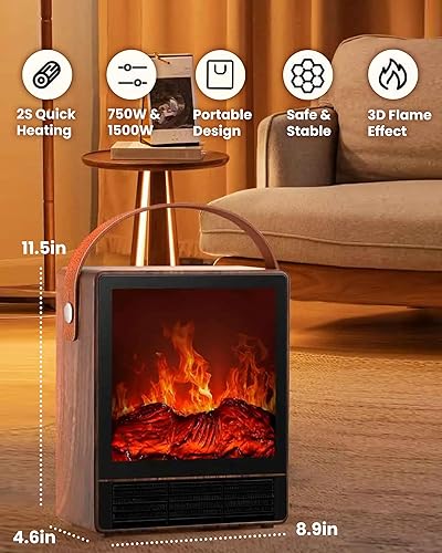 Miniatura 2 de Calentador eléctrico de chimenea con llama realista 3D, calentador de espacio ajustable de 1500 W750 W, doble protección de seguridad, acabado de