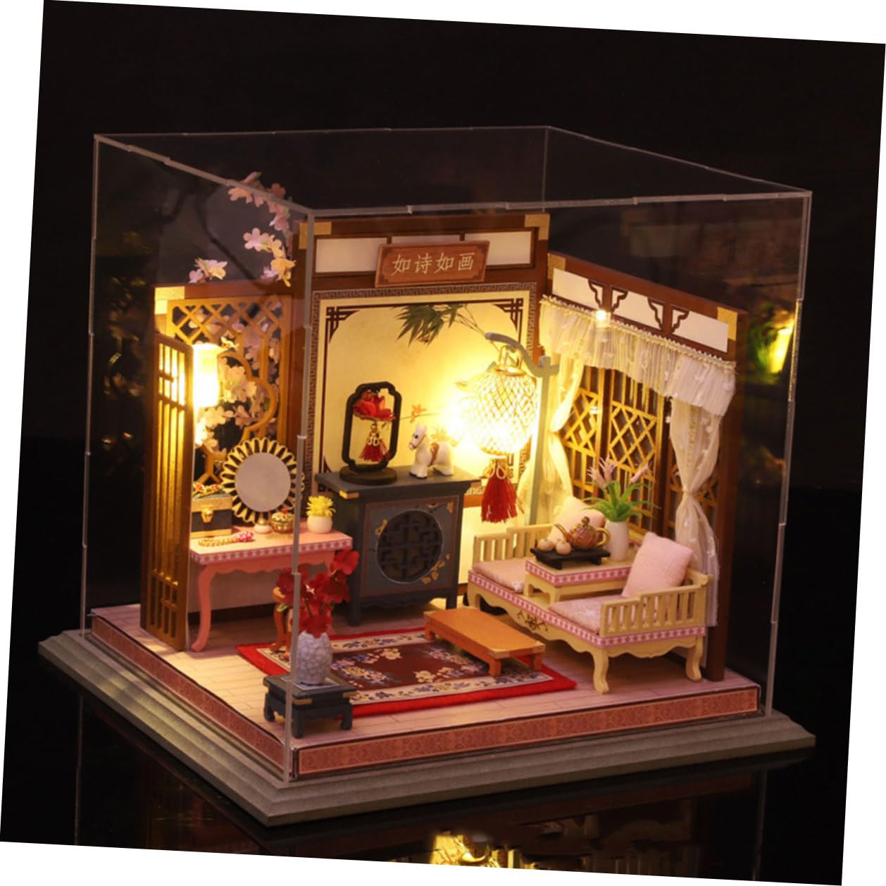 Gatuida Kit Casa delle Bambole Fai da Te in Legno e Tessuto Luci Led, Struttura Statica Decorativa per Decorazioni Casa e Miniature da Tavolo, Regalo Creativo per Compleanni