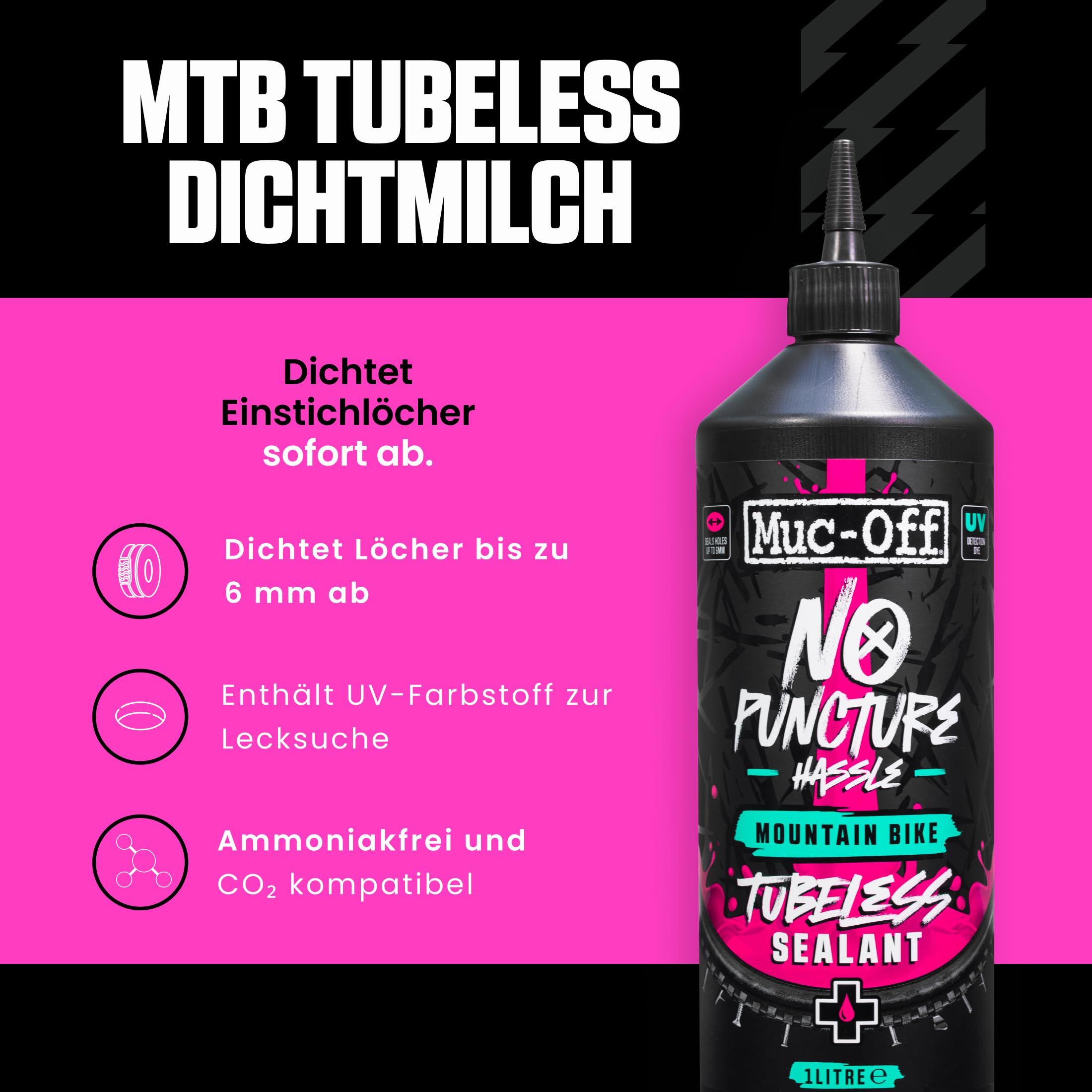 Muc Off No Puncture Hassle Tubeless Sealant Reifendichtmittel, 1 l - Hochwertiges Reifendichtmittel für Schlauchlose Fahrradreifen mit UV-Tracer-Farbstoff, Dichtet Risse und Löcher Bis Zu 6 mm ab