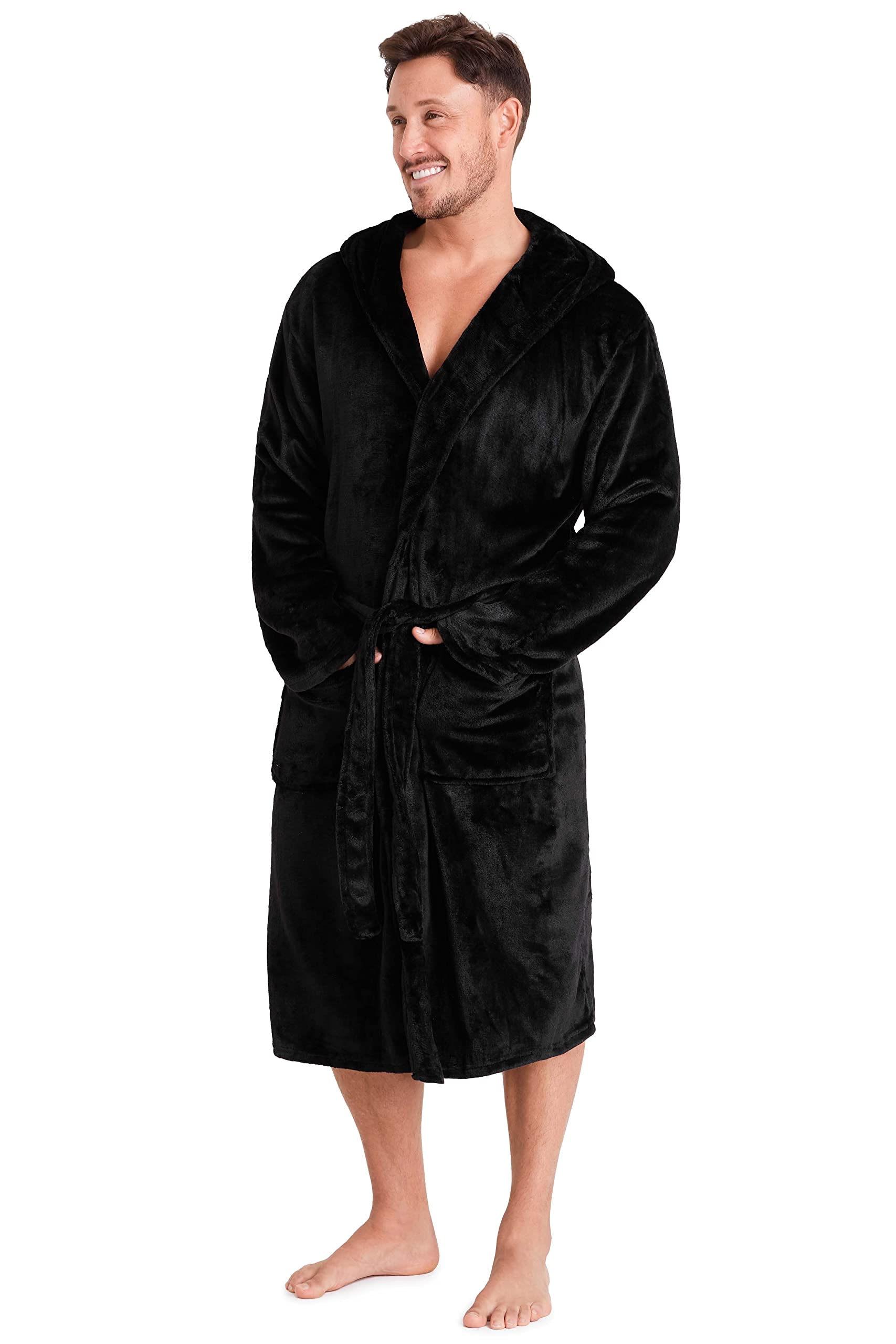 Citycomfort Men's Black Dressing Gown Super Soft Fleece Robe With Hood Gowns Bathrobe Warm And Cozy (M, )