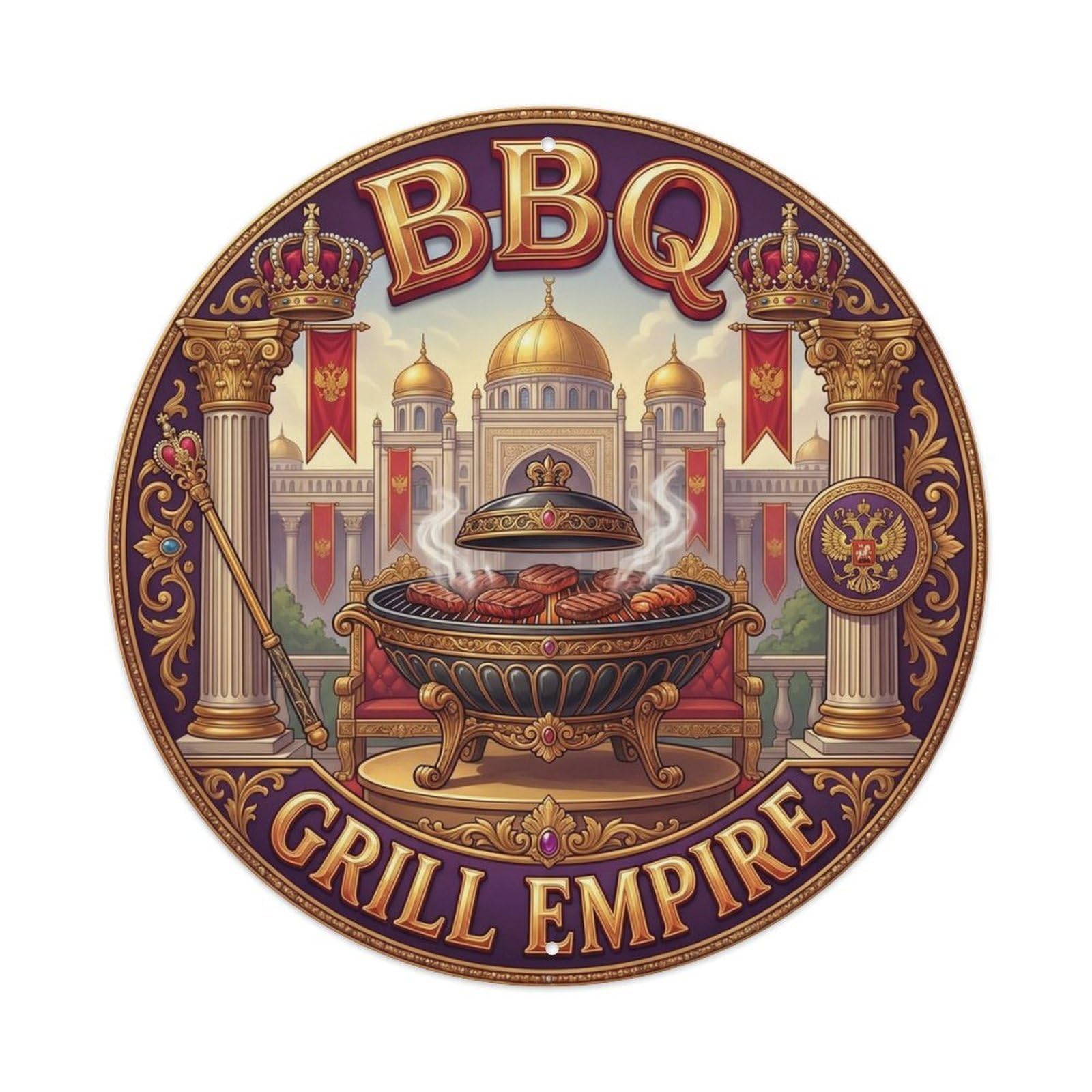 BBQ Barbecue Grill Empire Vintage Metal Tin Sign Plaque Wall Decor for Cafe, Club, Garden Round Metal Poster 8x8Inch